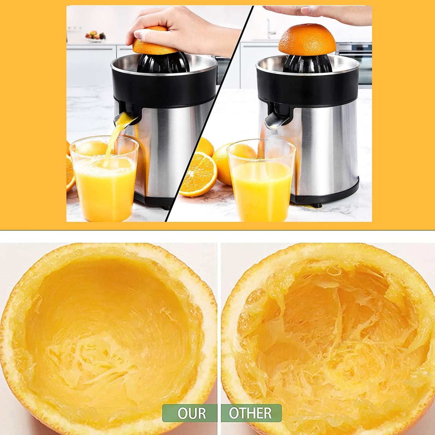 AICOK Electric Citrus Juicer with 2 Stainless Steel Cones, Quiet 85W Motor, Fast Fresh Juice, BPA Free, Dishwasher Safe