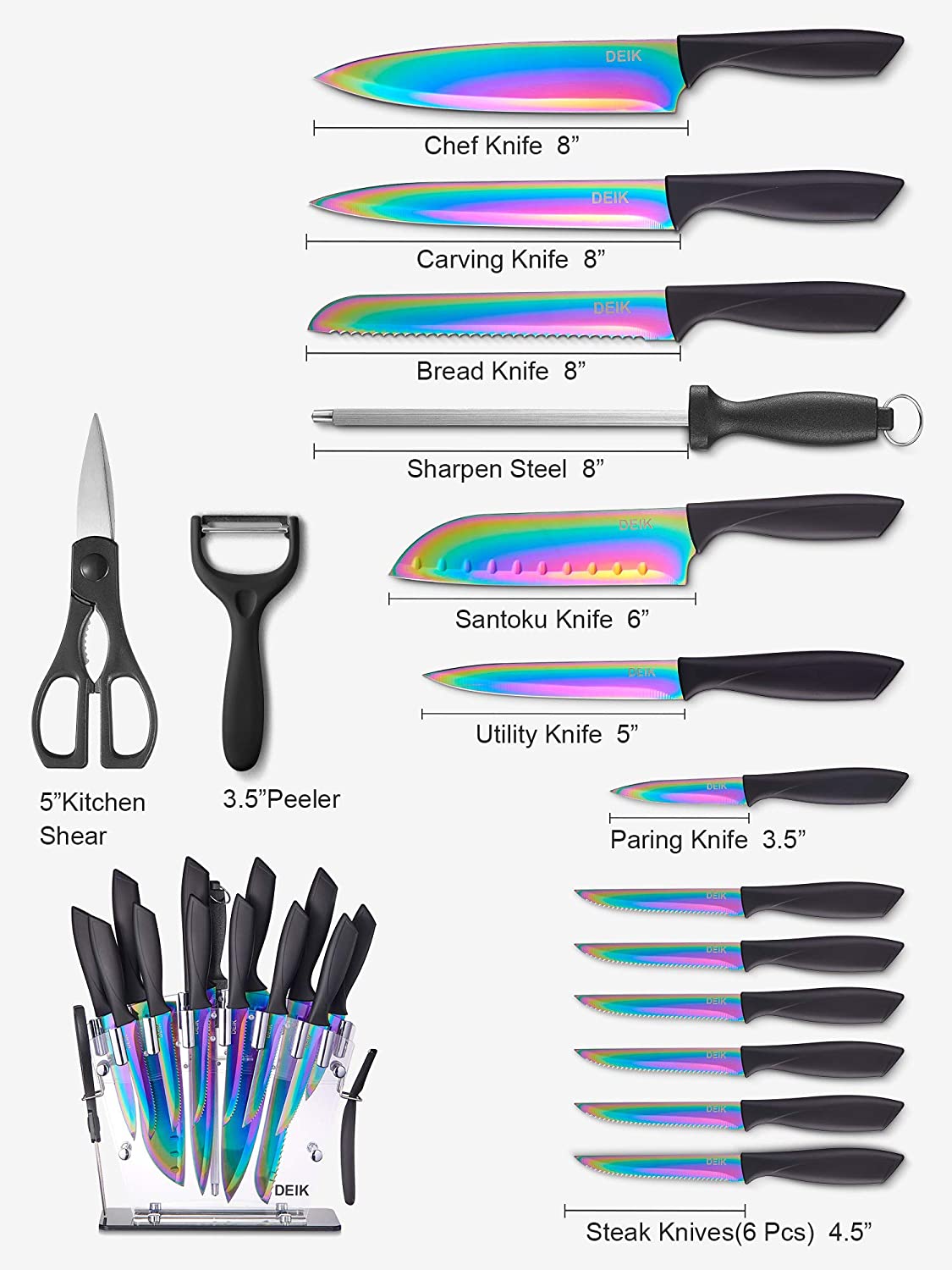 DEIK |  16 PCS Titanium Knife Set, High Carbon Stainless Steel Kitchen Knife Set, Anti-rusting and Sharp, Super Sharp Cutlery Knife Set with Acrylic Stand and Serrated Steak Knives