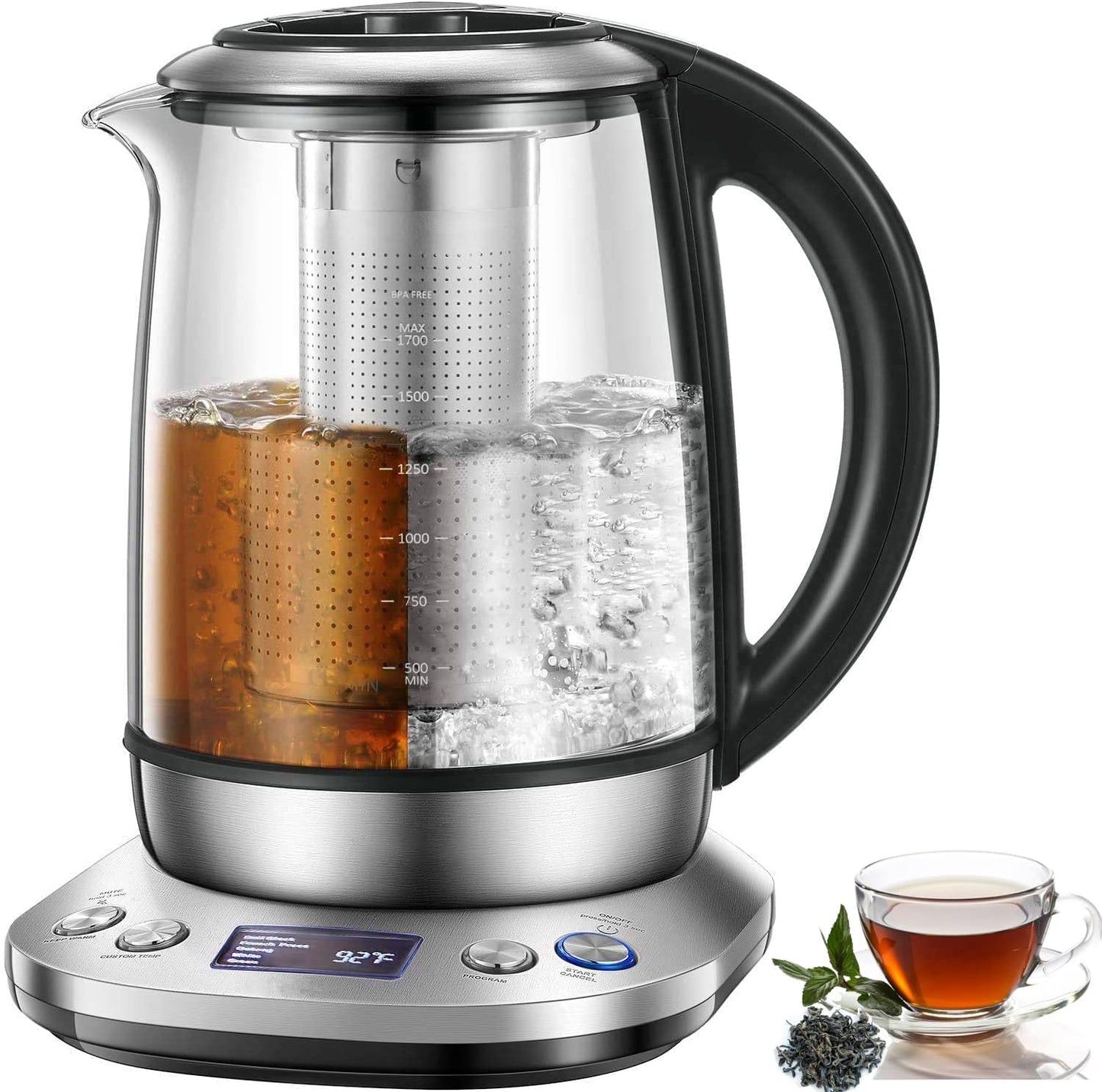 Decen Electric Tea Kettle, 1200W Variable Temperature Smart Tea Maker, Fast Boil Electric Glass Kettle with 2Hr Keep Warm Function, Premium Stainless Steel, Boil-Dry Protection, 1.7L
