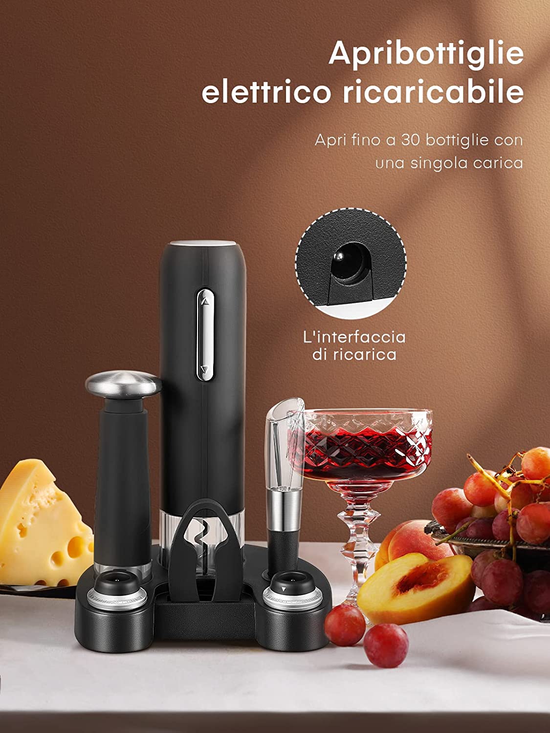 Electric Corkscrew, 6 in 1 Professional Electric Wine Opener, with Cork Vacuum Sealer, 2 Stoppers, Foil Cutter, Wine Aerator, Charging Base and Adapter