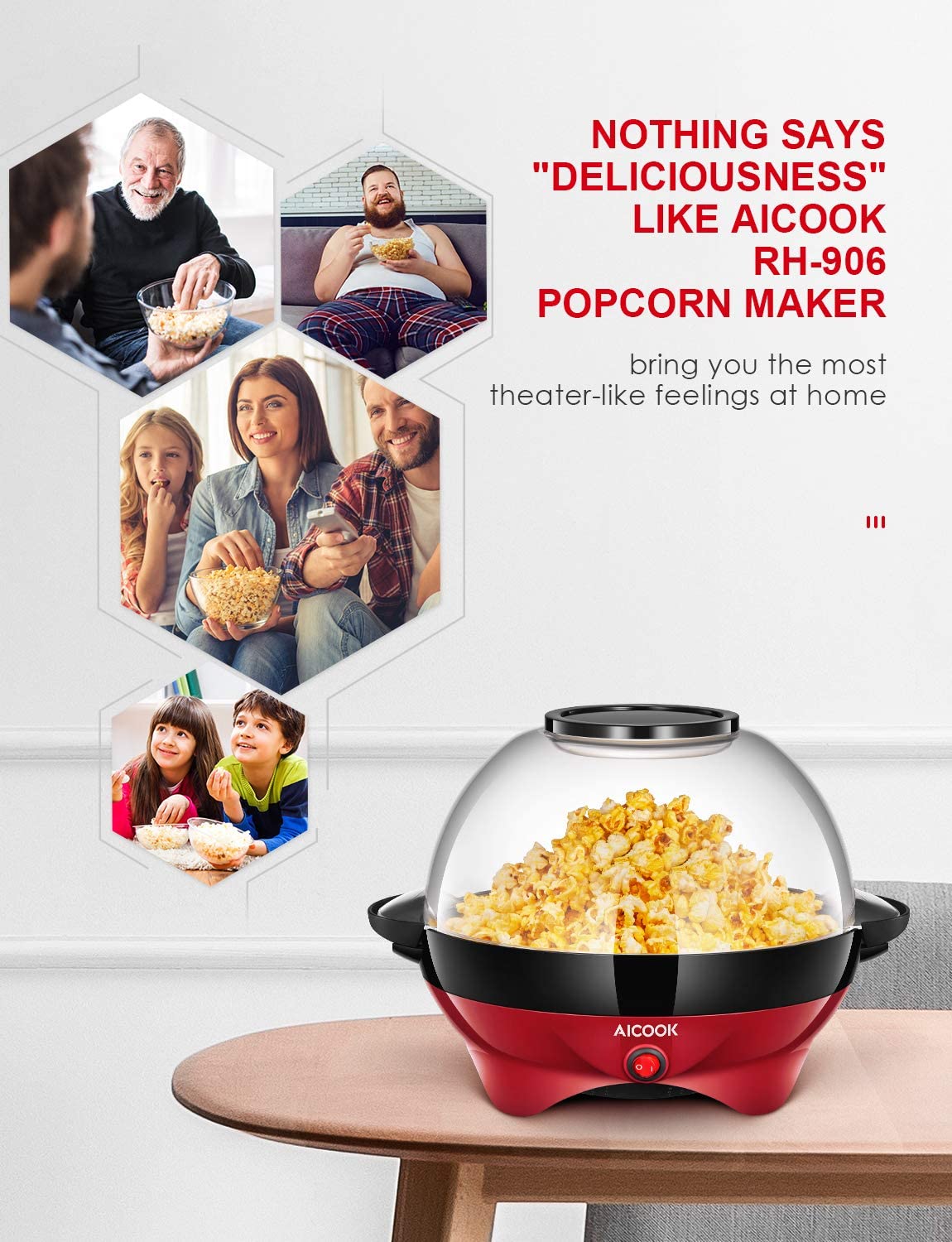 AICOOK Bowl Popcorn Machine, 24-Cup Fast Heat-up, Dishwasher Safe