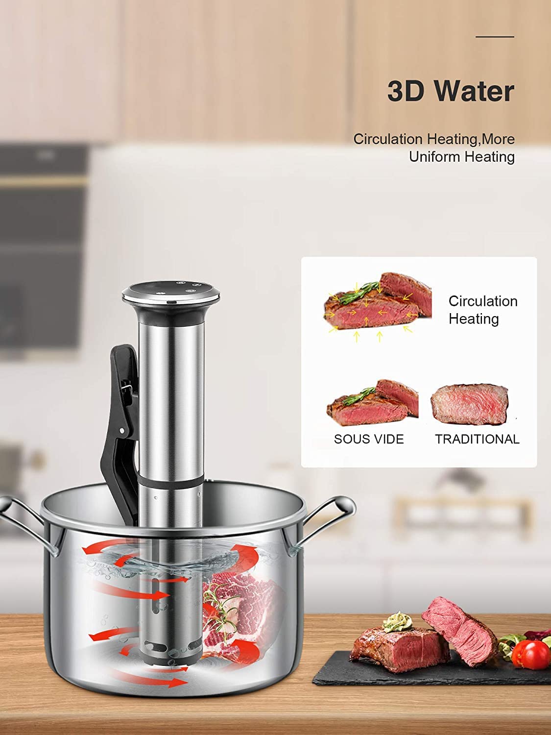 DEIK Sous Vide, 1200W Slow Cooker, Roner IPX7 Water Resistance, Bain Marie Cooking Machine with LED Touch Screen, Temperature Control and Scheduled Time