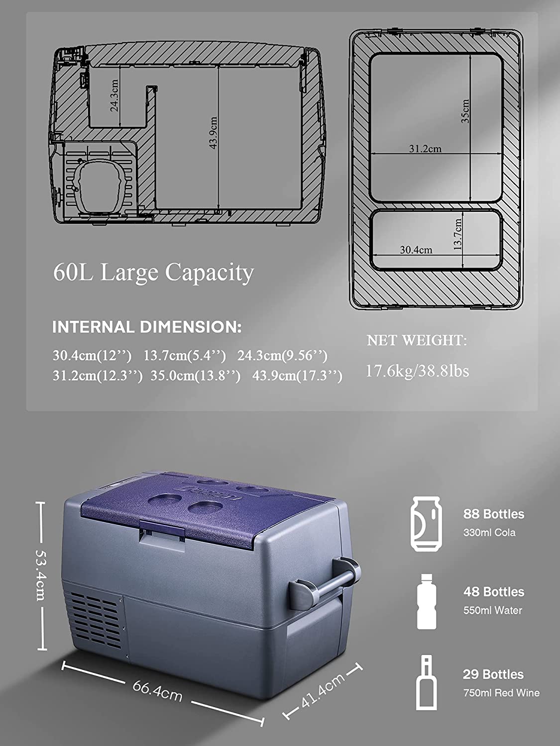 Portable Car Refrigerator Freezer 47 Quart(45L) Large Fridge (-4℉~50℉) Electric Compressor Car Cooler for Truck, Van, RV Road Trip, Camping, Picnic, BBQ, Patio, and Home-12/24V DC & 110-240 AC