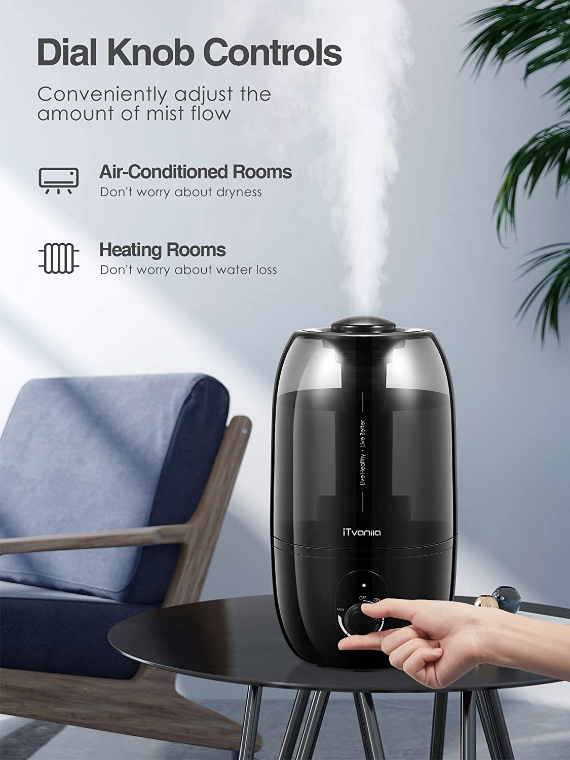 iTvanila -Quiet Humidifier 2.7 L/0.7 Gal Baby Humidifier HU-C1A Black , adjustable mist flow, Helps with dry skin, allergies, coughs