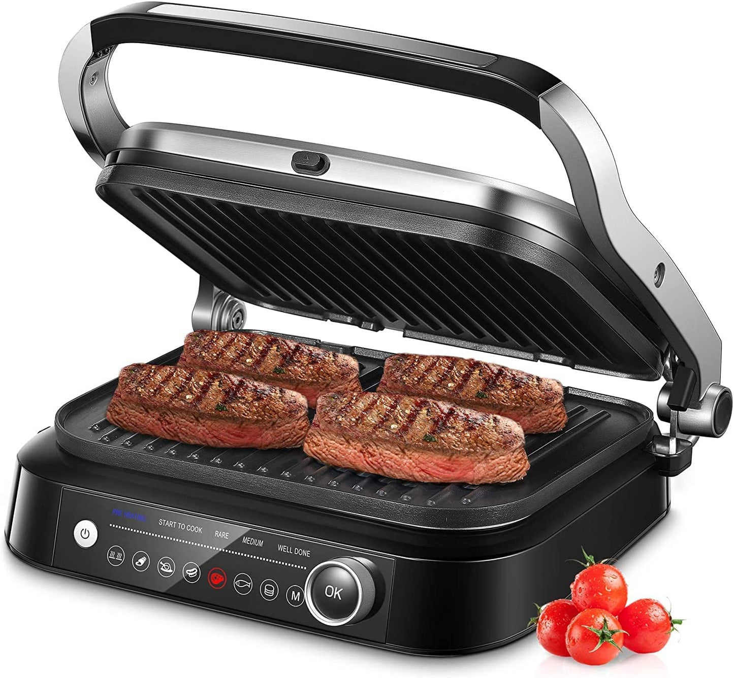 Contact Grill, Intelligent Electric Grill 2100 W | 8 Preset Grill Programmes | Overback Function | Removable Plates Dishwasher Safe 31 x 24 cm