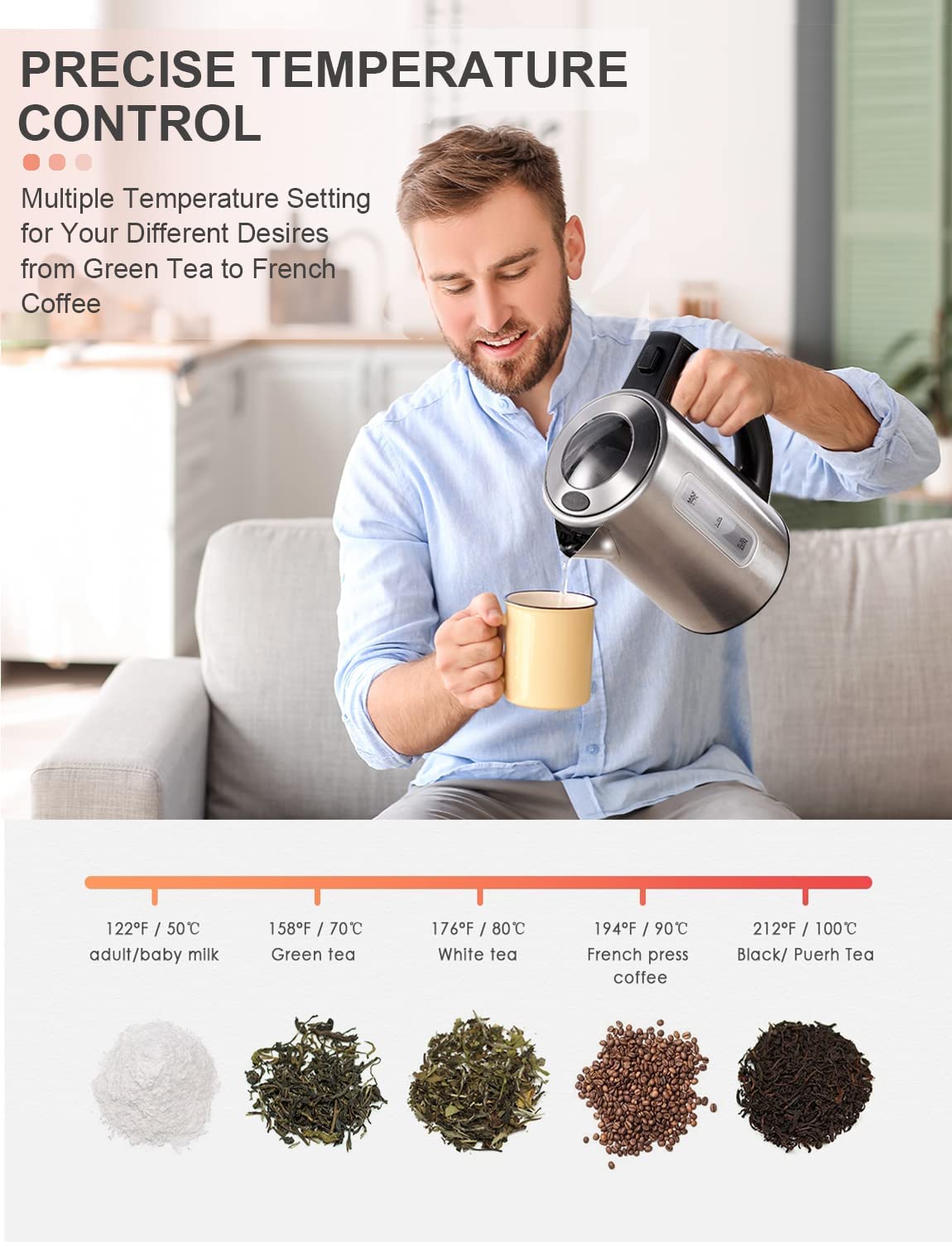 Electric Kettle Temperature Control with Color Changing LED Indicator,Kettle with Auto Shut - Off Protection, Stainless Steel, 1.7L, Easy View windows