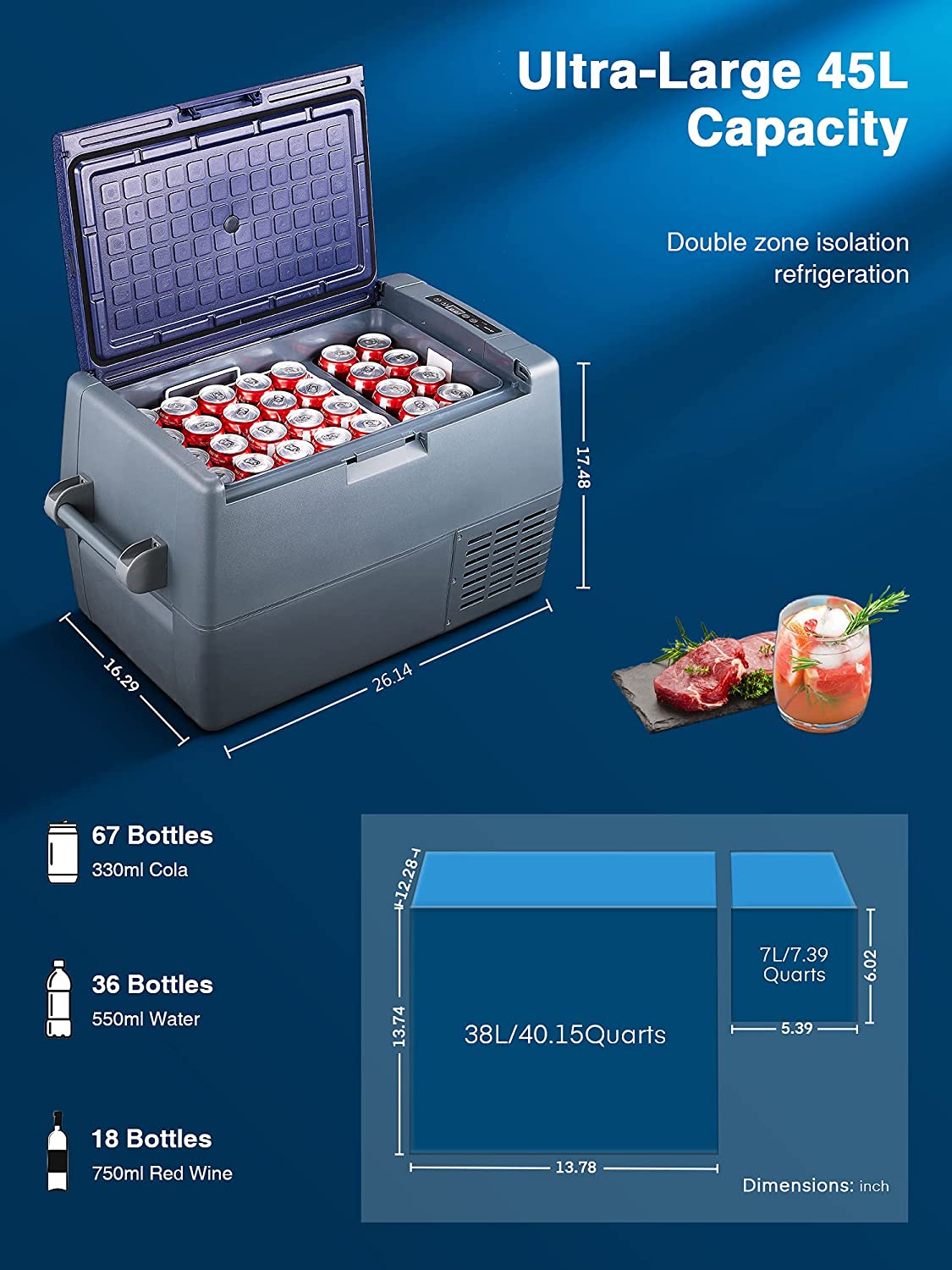 Portable Car Refrigerator Freezer 47 Quart(45L) Large Fridge (-4℉~50℉) Electric Compressor Car Cooler for Truck, Van, RV Road Trip, Camping, Picnic, BBQ, Patio, and Home-12/24V DC & 110-240 AC