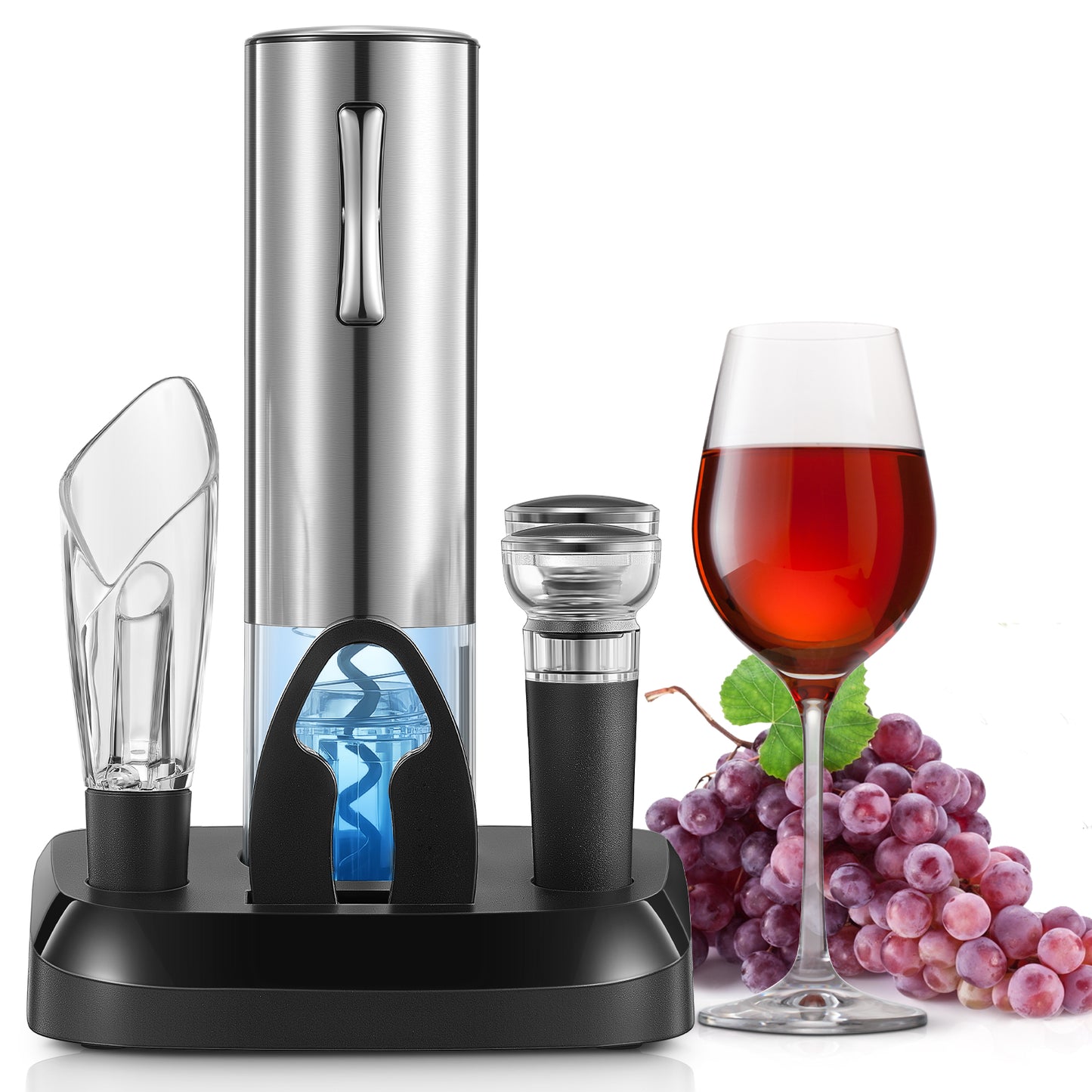 Electric Wine Opener, Cordless Automatic Electric Wine Bottle Opener with Charging Base, Vacuum Freshener with 2 Stoppers, Foil Cutter,Wine Pourer,Adaptor