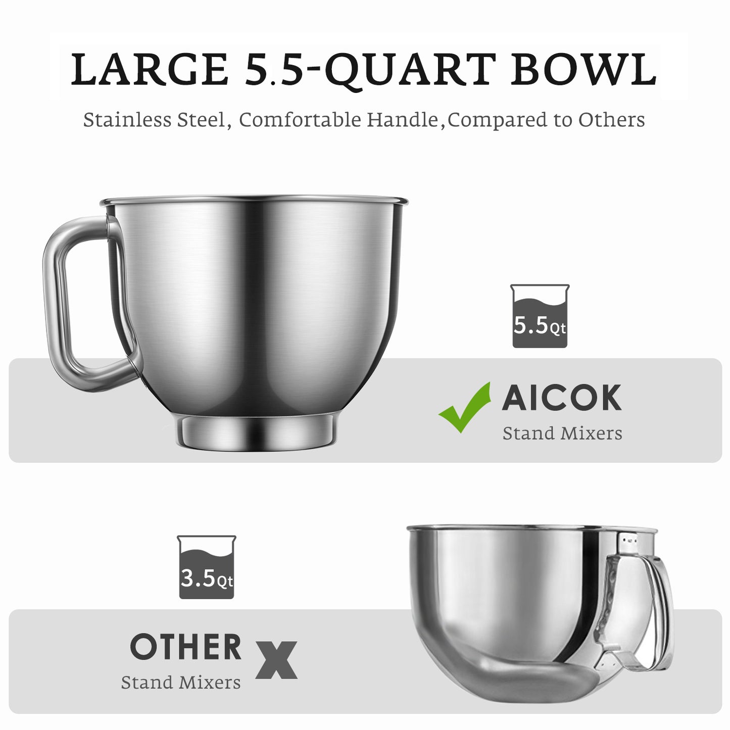 AICOK - Stand Mixer, Professional 5.5 QT Food Mixer MK37, stainless steel bowl, convenient handle 
