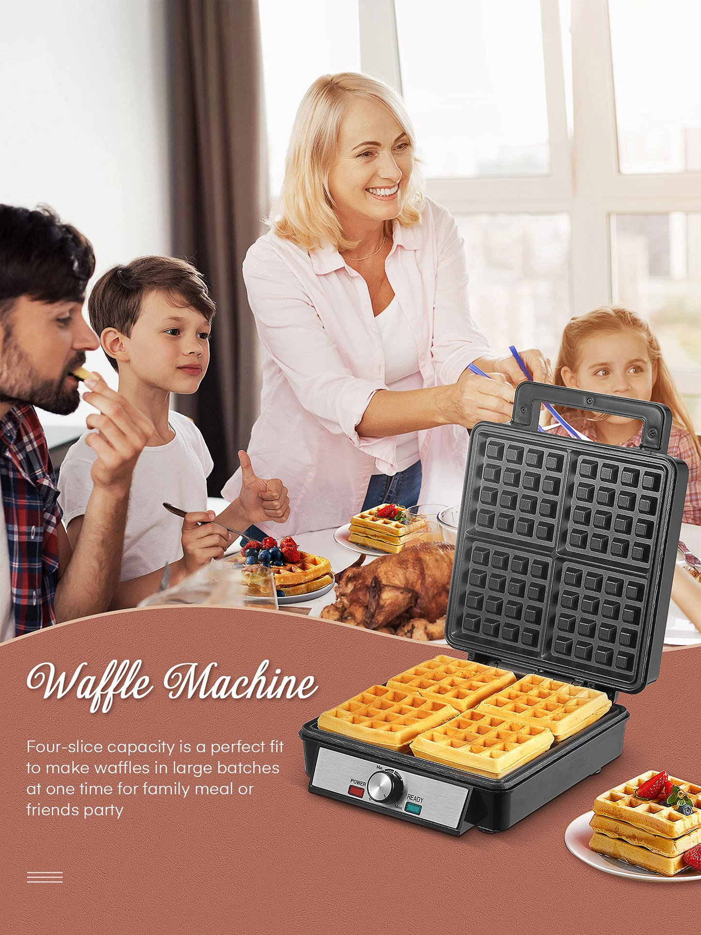 AICOOK | Waffle Maker Square 4 Slices Waffle Making Machine Iron with NonStick Surfaces, Anti Overflow, Adjustable Temperature, Stainless Steel Construction, LED Indicator, 1200W , Black/Silver