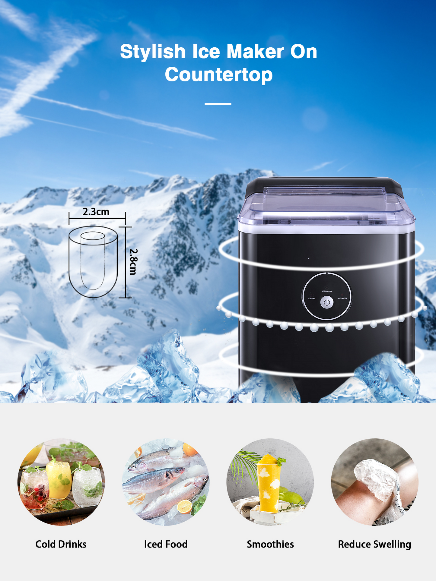 Ice Maker Countertop, 28 lbs. Ice in 24 Hrs, 9 Ice Cubes Ready in 5 Minutes, Portable Ice Maker Machine 2L with LED Display Perfect for Parties Mixed Drinks, Ice Scoop and Basket (Black)
