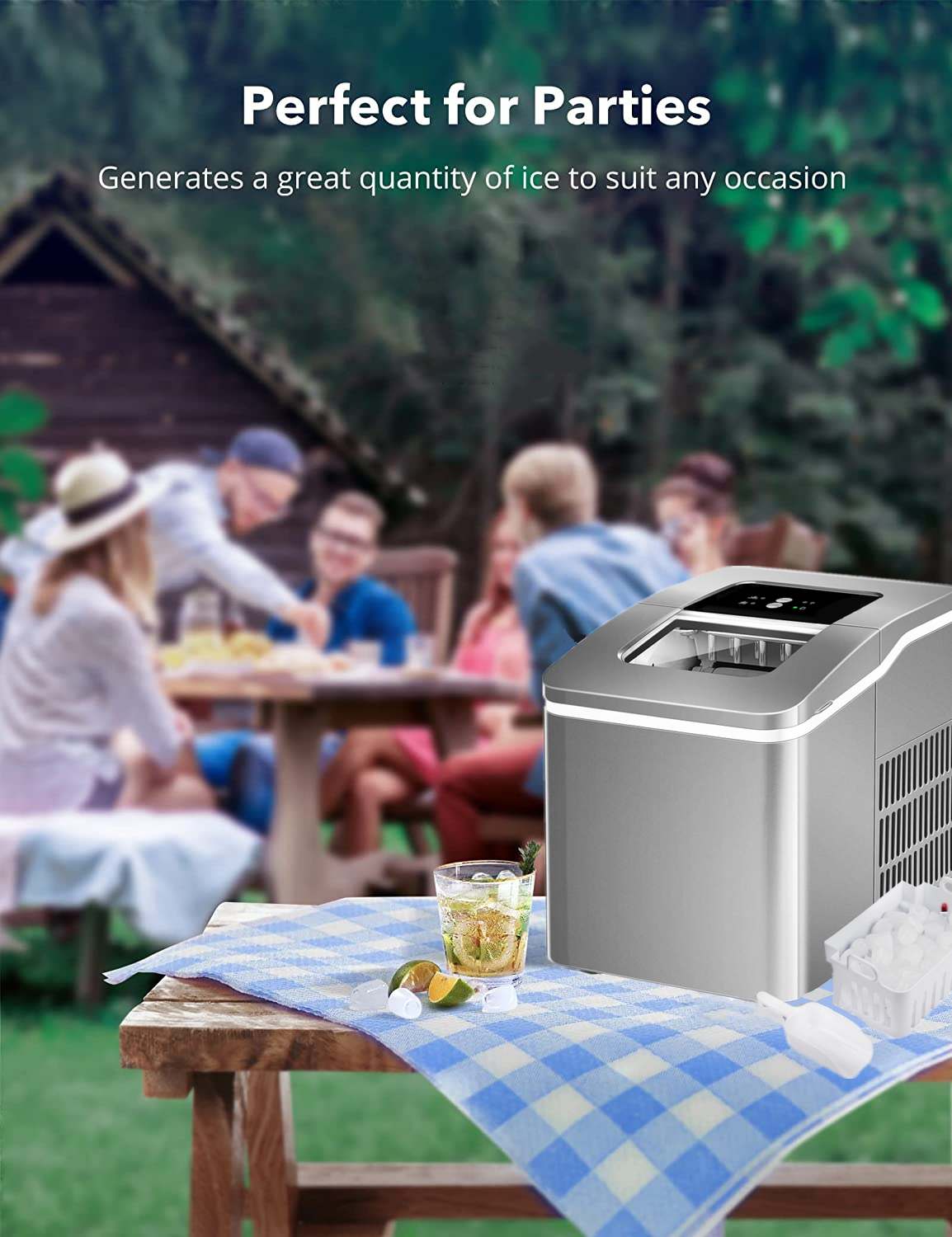 Ice Maker Machine Countertop, 28 lbs in 24 Hrs, 9 Cubes Ready in 5 Mins, 2 Ice Sizes, Portable Ice Maker 2 L with Self-clean, LCD Display, Ice Scoop and Basket Perfect for Home/Kitchen/Office (Silver)