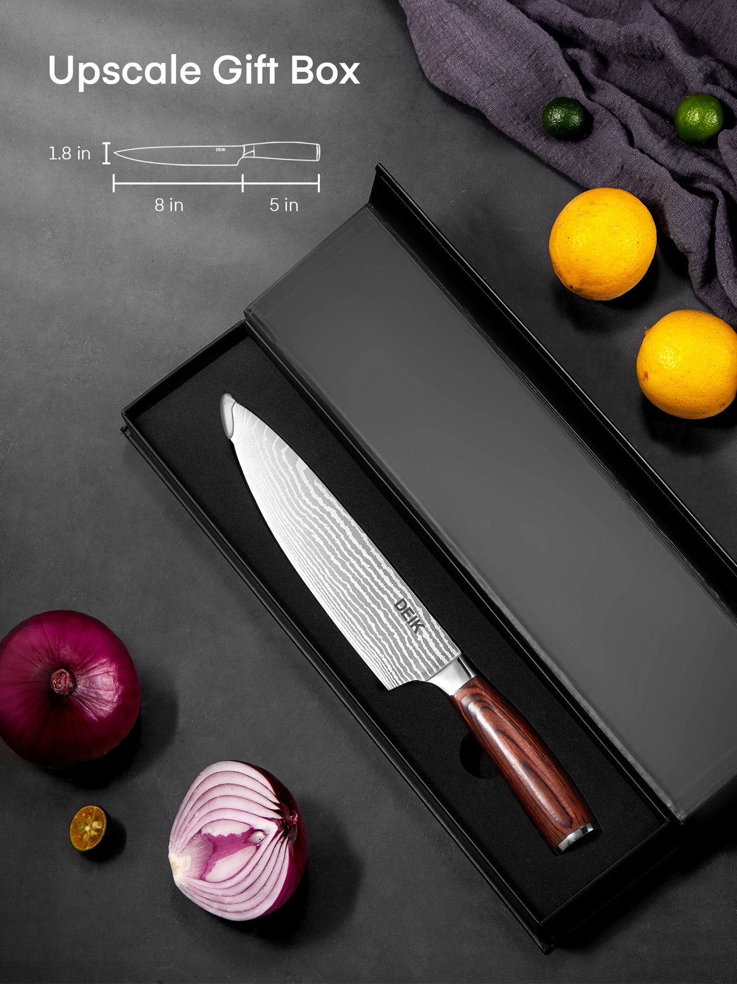 DEIK 8 inch Chef Knife German High Carbon Stainless Steel Kitchen Knife with Ergonomic Handle, Super Sharp Knife with Damascus Pattern, Professional Choice for Home Cooking and Restaurant