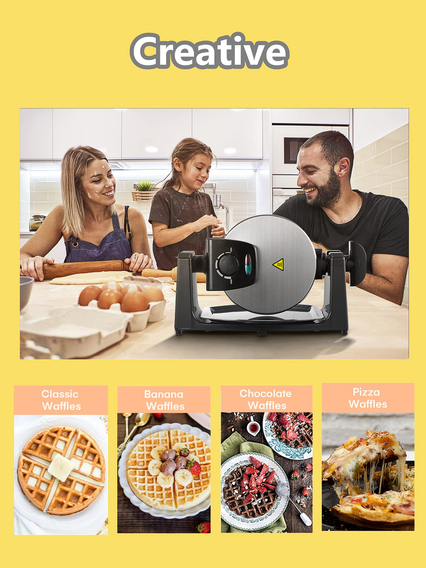 AICOOK | Classic Rotating NonStick Belgian Waffle Maker, 1100W Browning Control, Removeable Drip Tray for Easy Clean Up, Browning Control, Stainless Steel