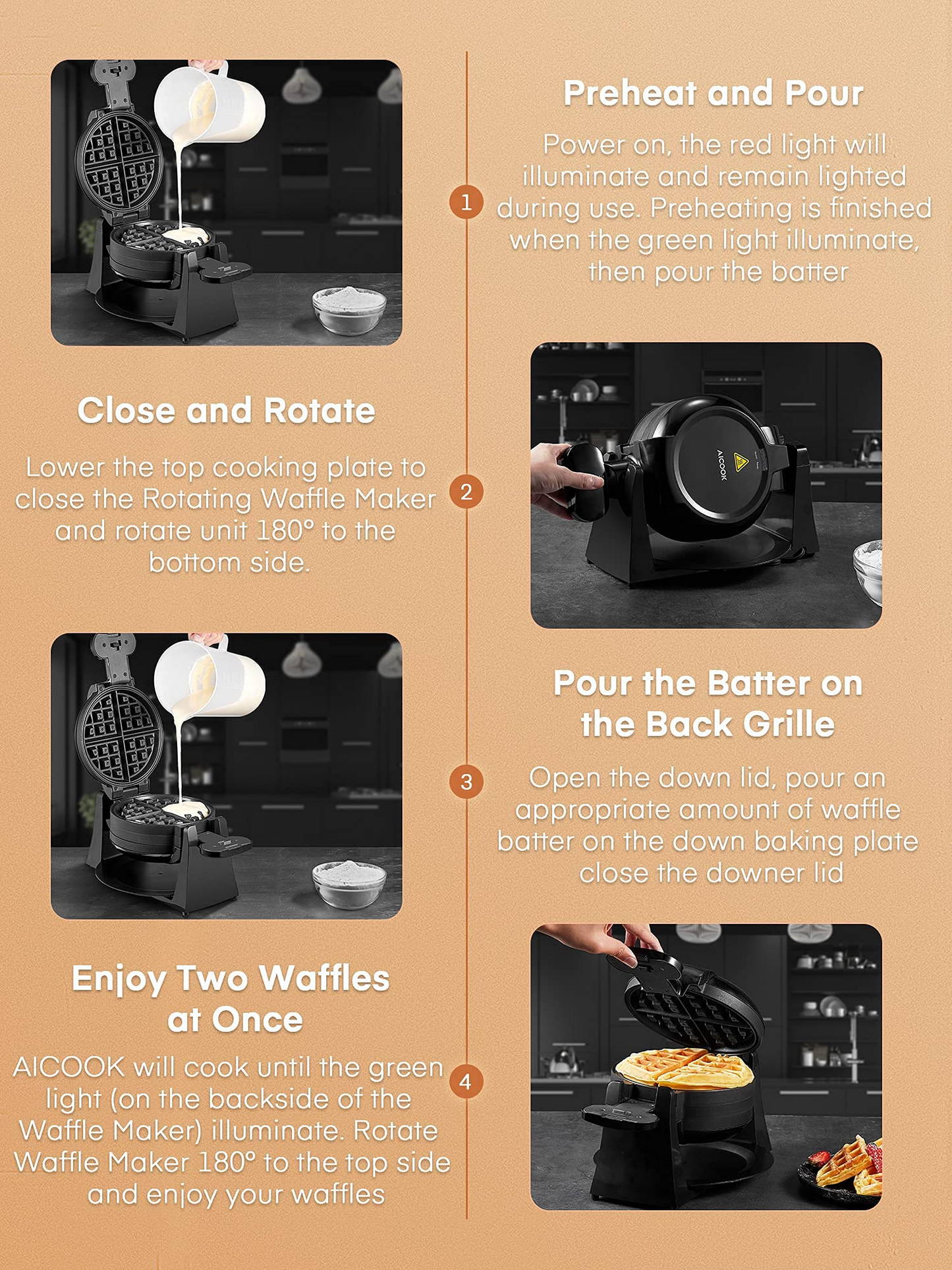 AICOOK | Double Waffle Maker 180° Flip, Belgian Waffle Iron 8 Slices One Time, Nonstick Plates, Removable Drip Tray & Rotating, 1400W Adjustable Temperature Control Cool Touch Handle, Black