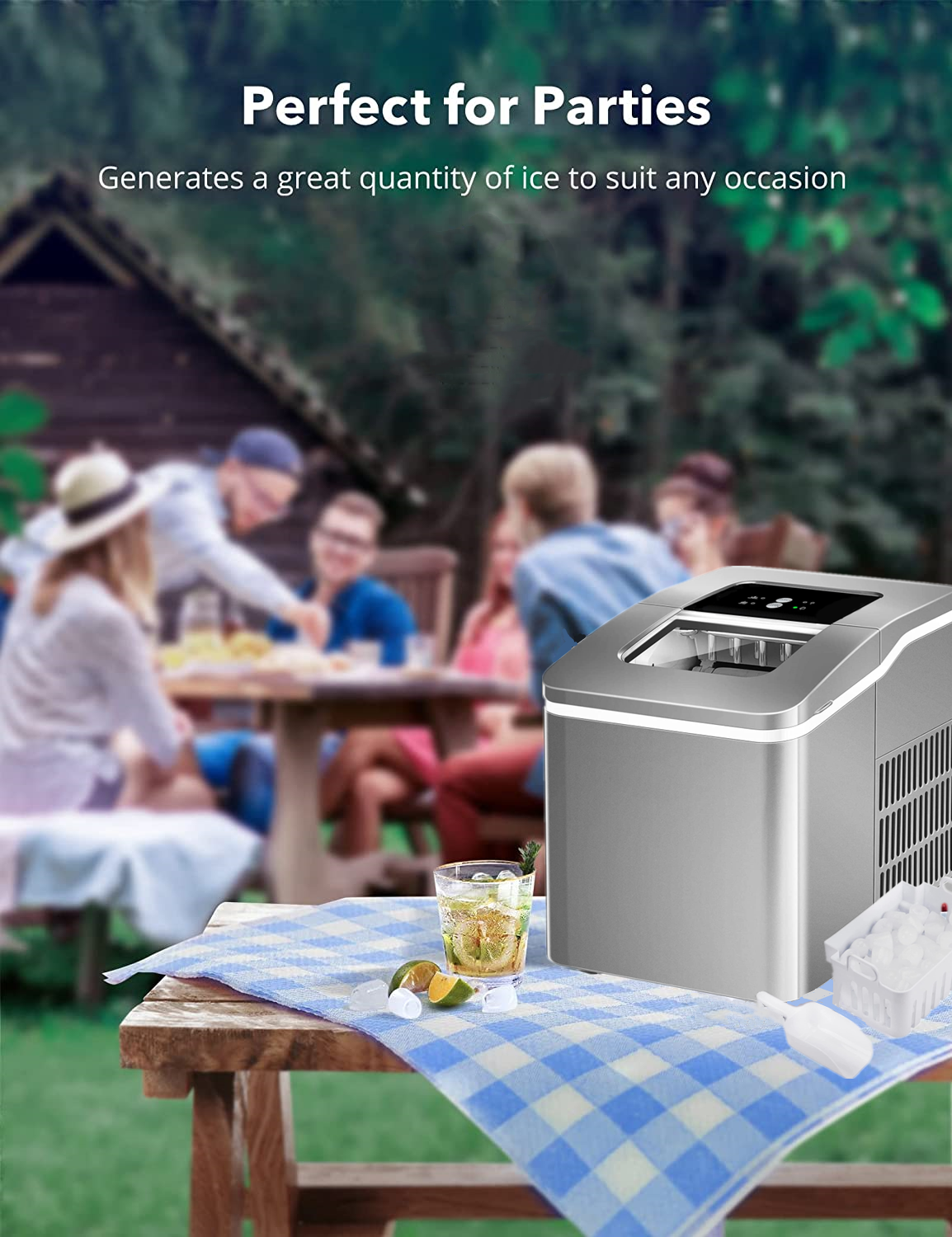 Ice Maker Machine Countertop, 28 lbs in 24 Hrs, 9 Cubes Ready in 5 Mins, 2 Ice Sizes, 2 L with Self-clean, LCD Display, Silver