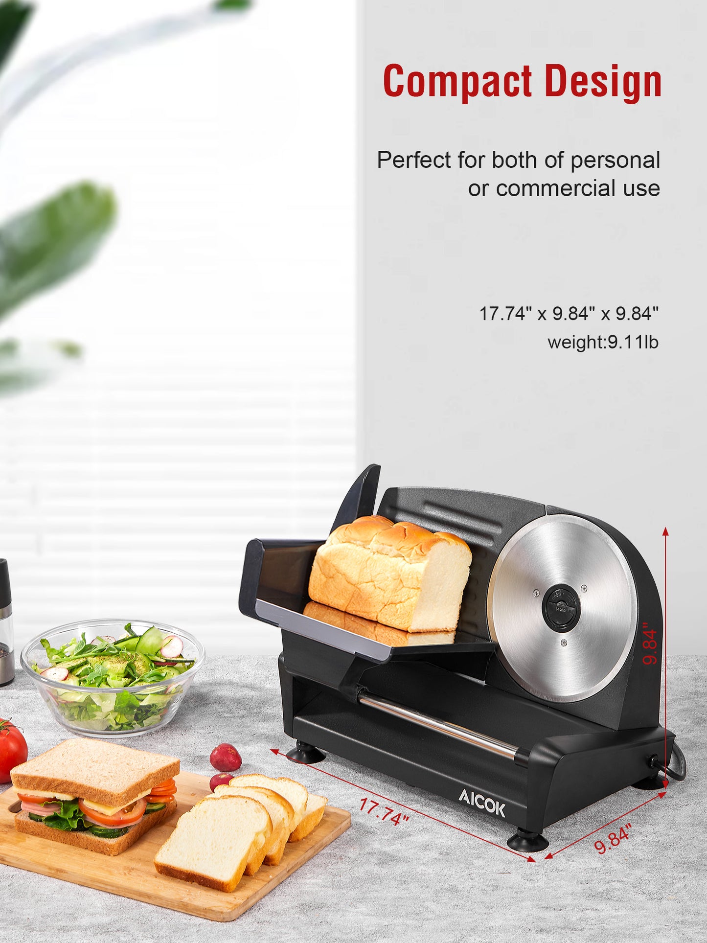 Aicok Home Use Meat Slicer, 200W Electric Deli & Food Slicer Home Use, 0-15mm Adjustable Thickness Food Slicer Machine Cut Meat, Cheese, Bread, compact design,SL-519N