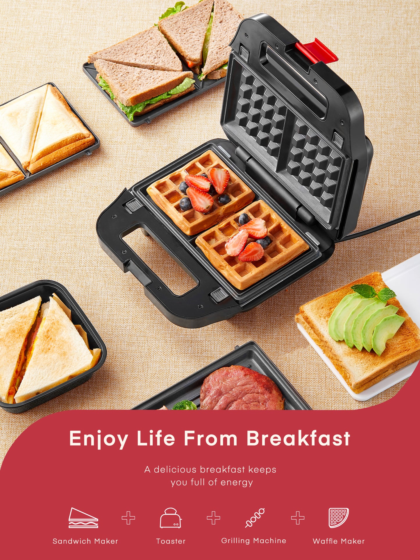 AICOOK Waffle Maker 3 in 1, Sandwich Maker with 3 Detachable Non-Stick Plates
