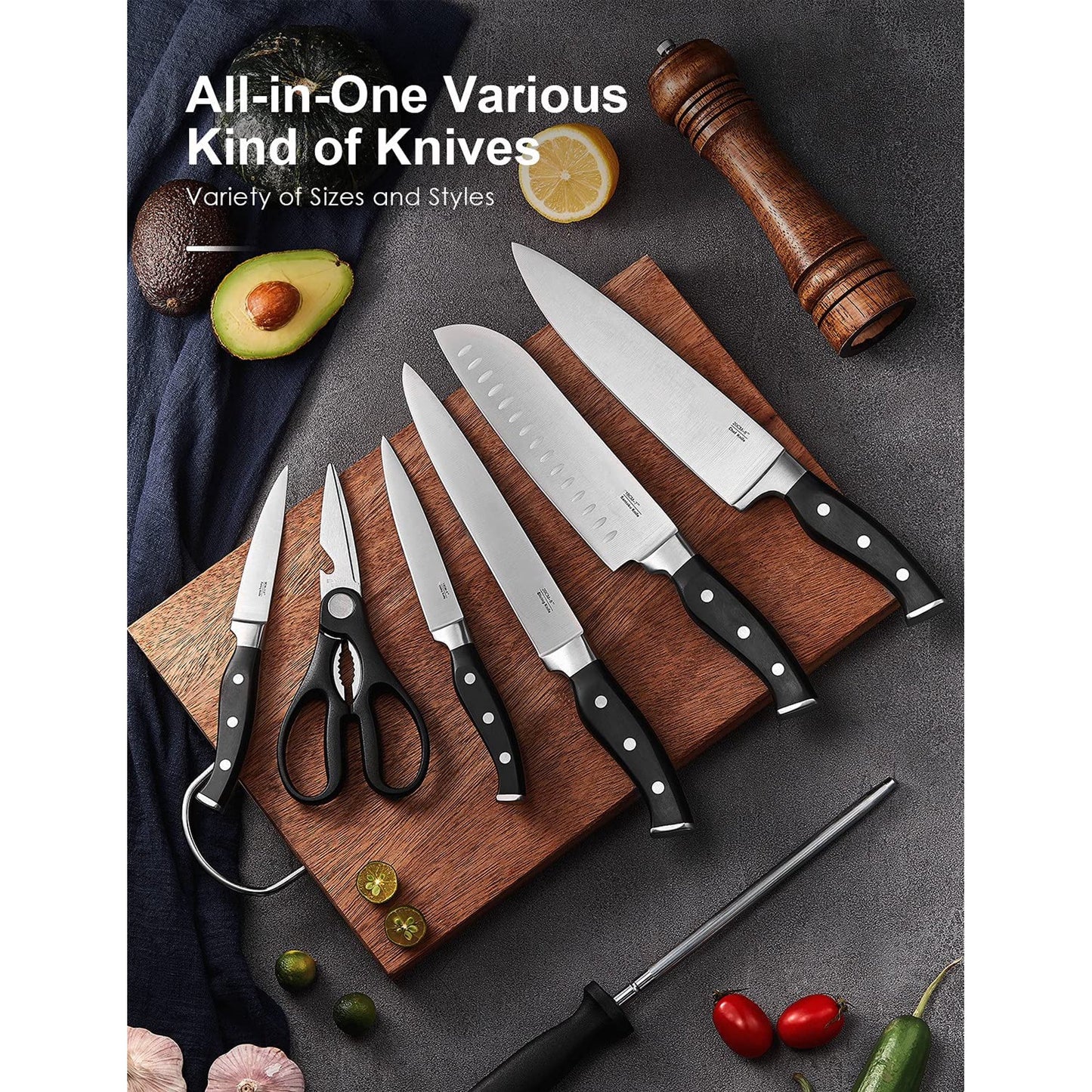 Deik Knife Sets, 15 Pieces German Stainless Steel Kitchen Knife Block Sets