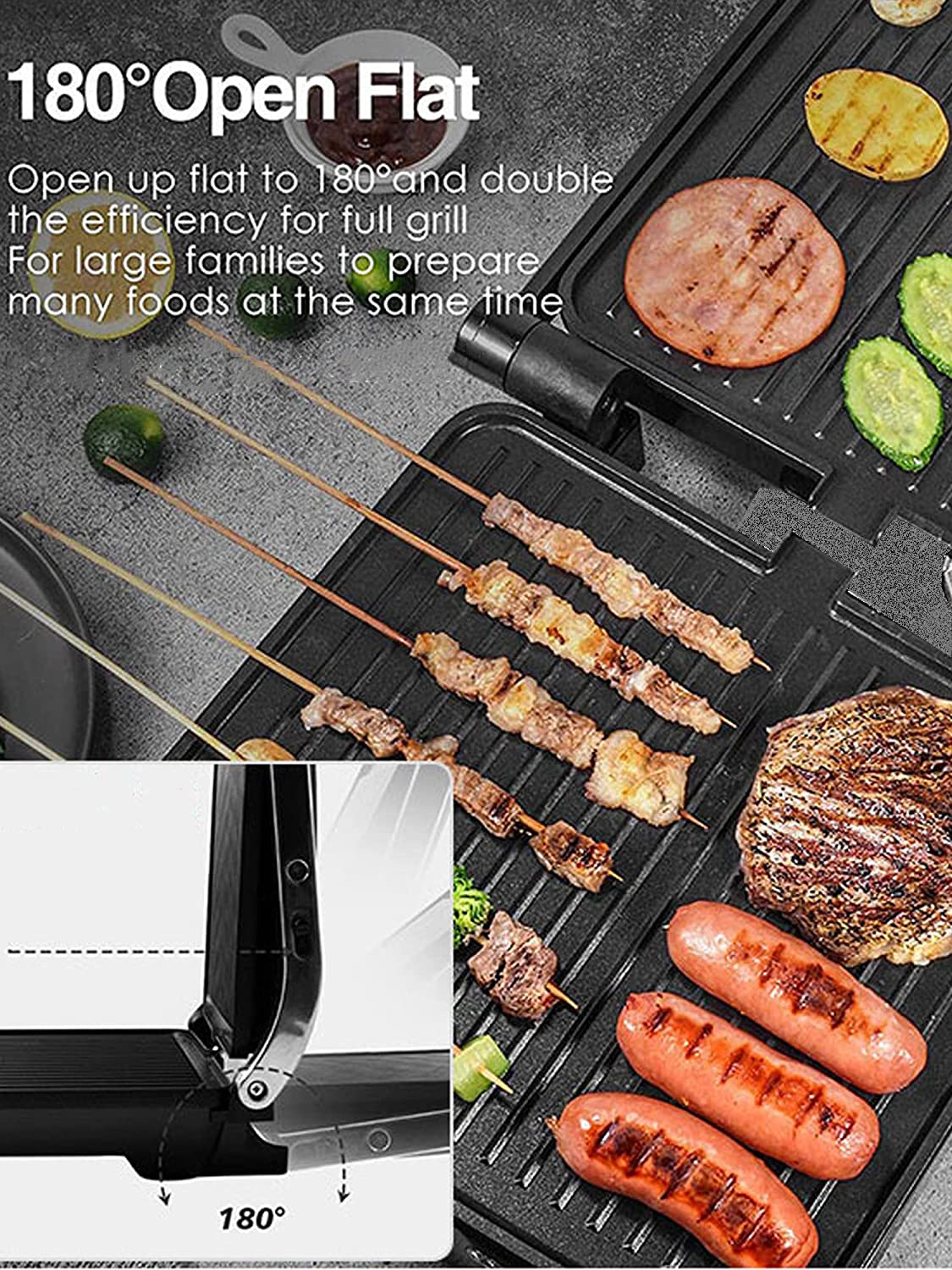 DEIK Electric Table Grill for Double-Sided 2000 W, Contact Grill 180 Degree Opening, Electric Grill for Panini, Toasts, Steak, Vegetables, Sandwich, Adjustable Temperature Controller