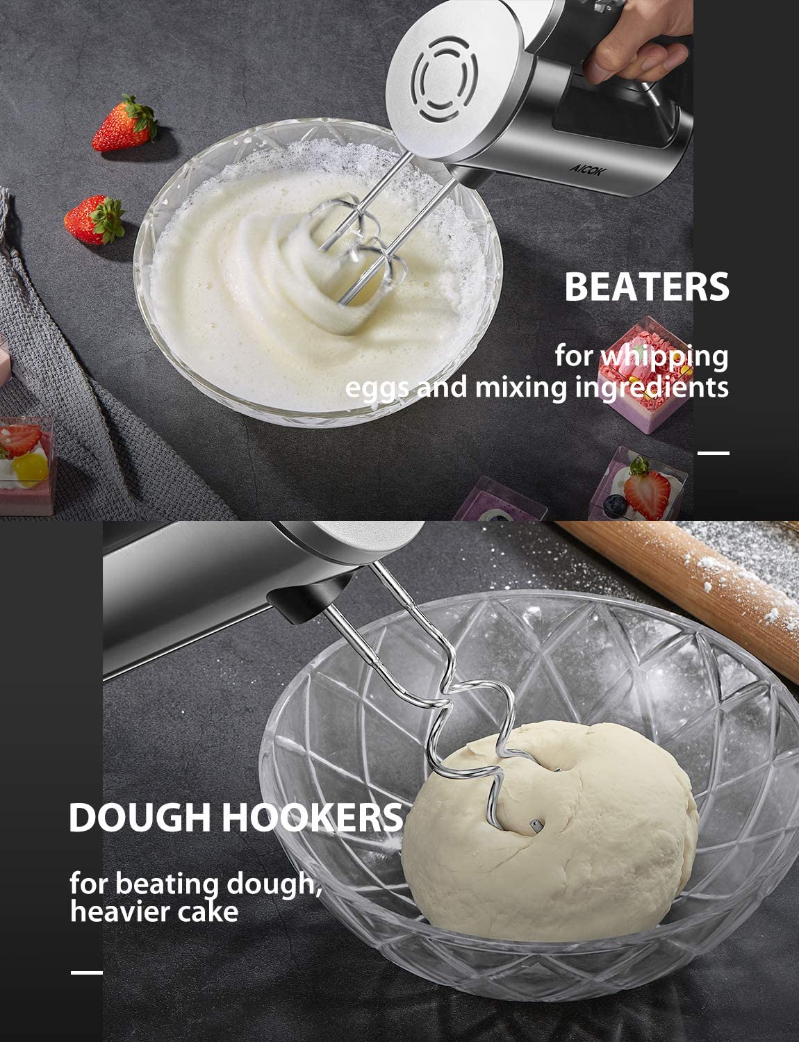 AICOK-Hand Mixer Electric 6-Speed Kitchen Handheld Mixer HM833, hand mixer accessories, mini dough beater, kitchen, baking beginner