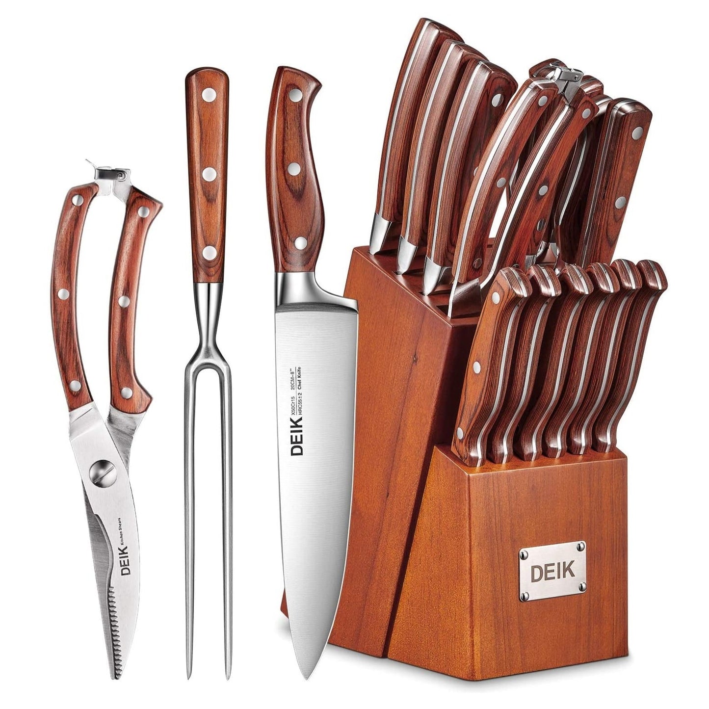 DEIK  Knife Set, High Carbon Stainless Steel Kitchen Knife Set 16PCS, Super Sharp Cutlery Knife with Carving Fork and Serrated Steak Knives, Wood Knife Block