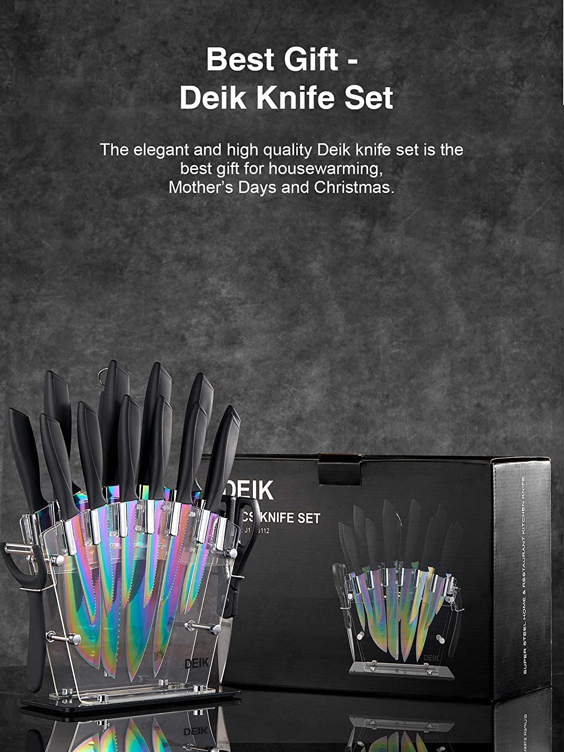 DEIK |  16 PCS Titanium Knife Set, High Carbon Stainless Steel Kitchen Knife Set, Anti-rusting and Sharp, Super Sharp Cutlery Knife Set with Acrylic Stand and Serrated Steak Knives