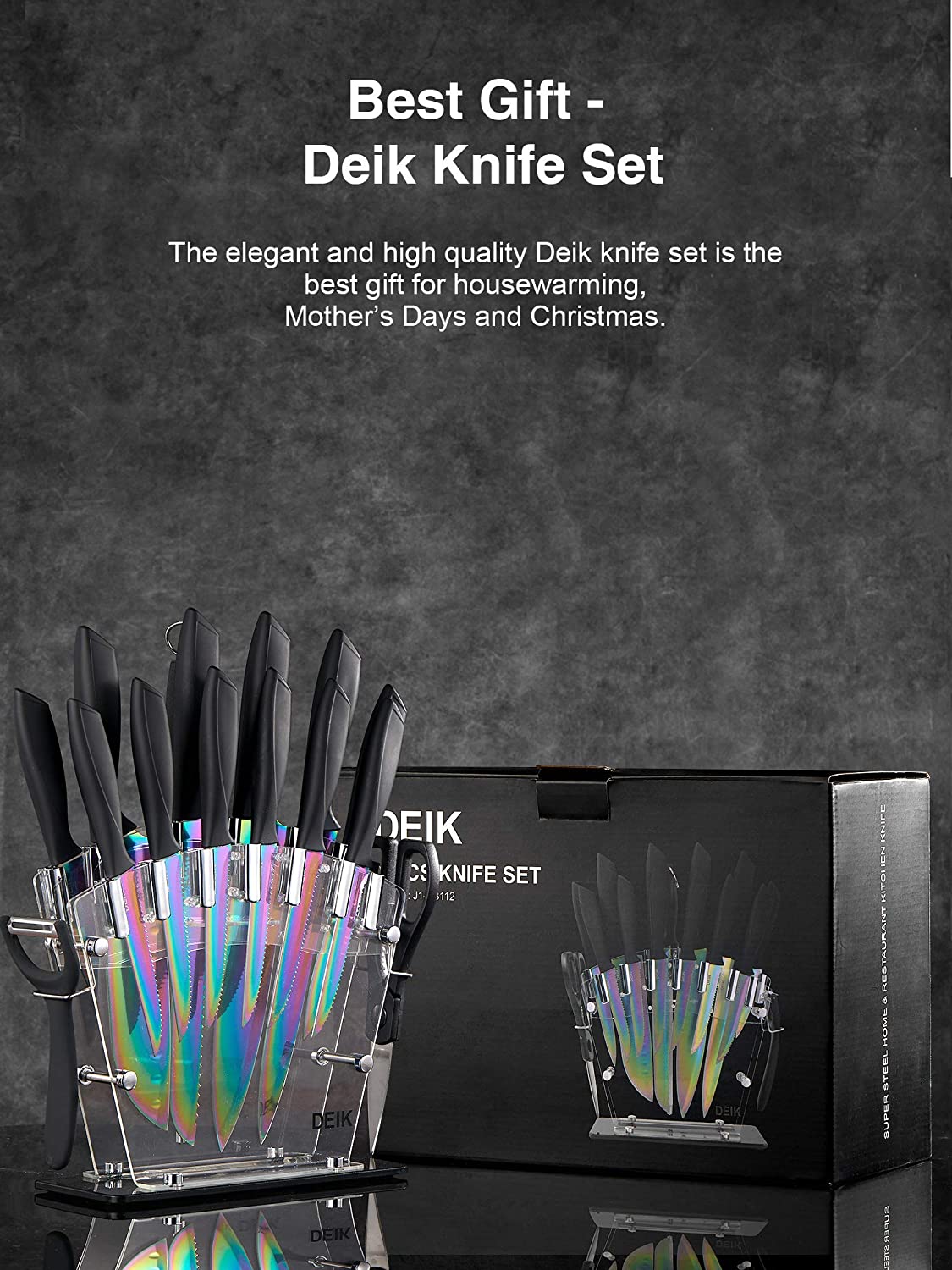 Knife Set, 16 Pieces Rainbow Titanium Coating Cutlery Set No Rust Knife Block with Serrated Steak Knives