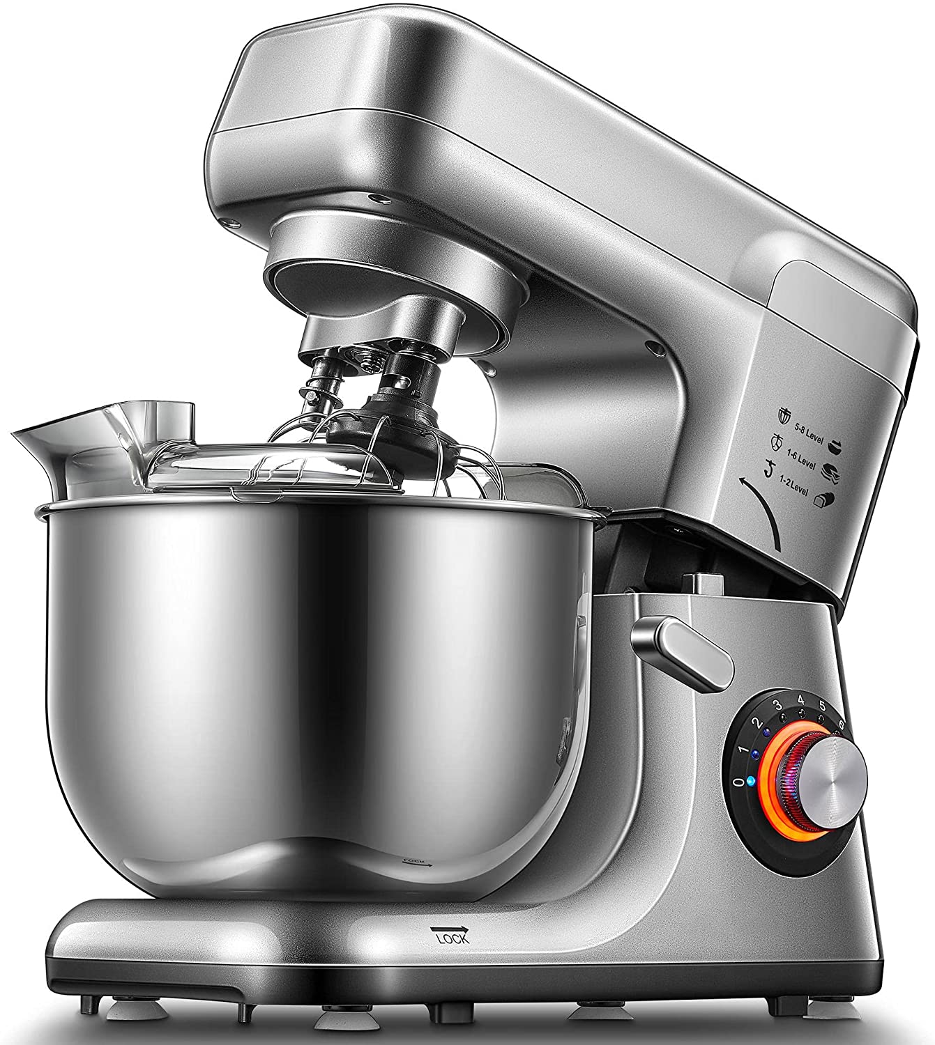 Kealive Mixer Kneader, Pastry Mixer 8 Speed Double Dough Hook with 5.5L Stainless Steel Bowl, 1200W Kneader, Whisk, Rods and Splash Guard