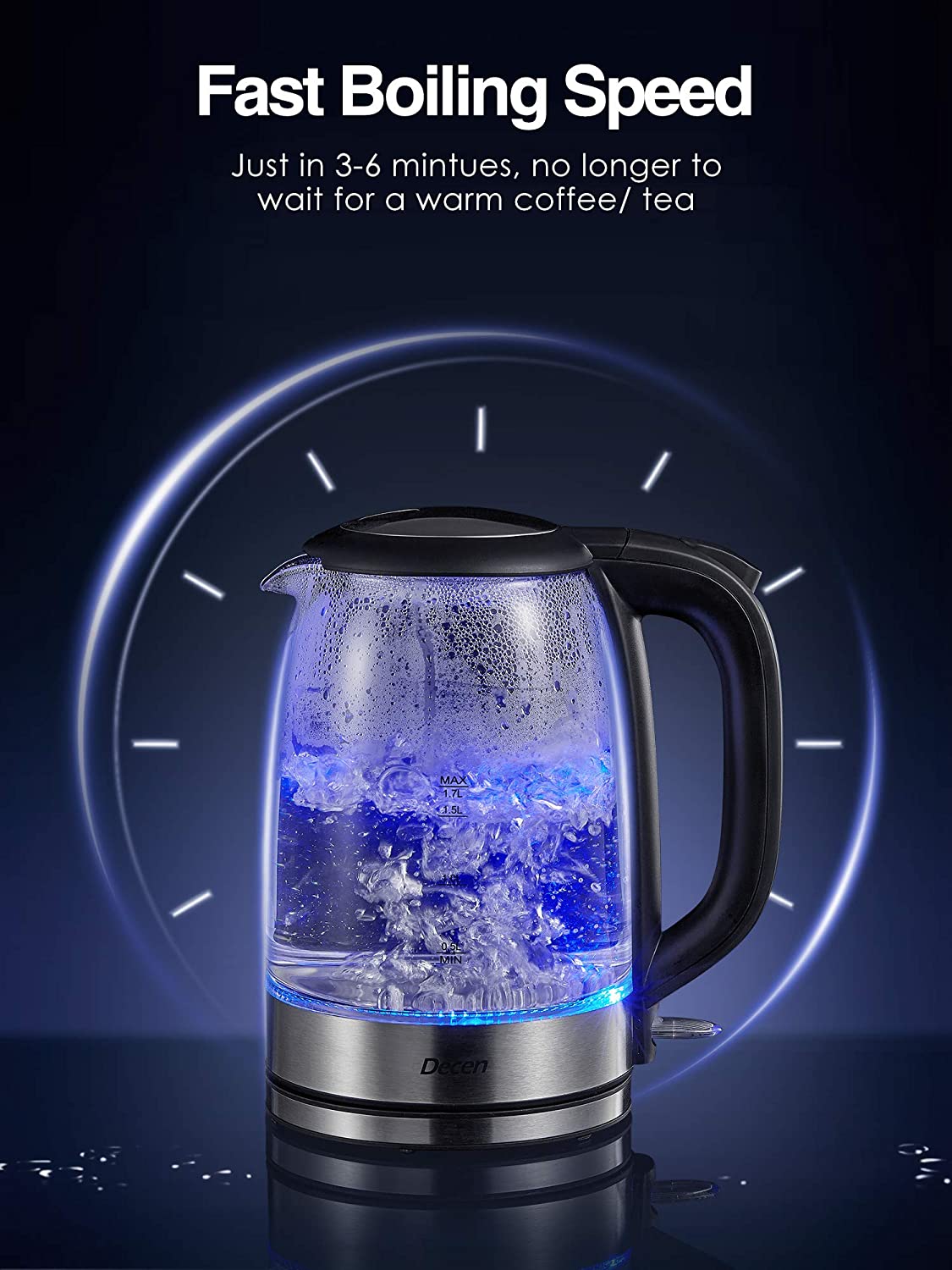 Decen | Electric Kettle, 1500W Glass Electric Tea Kettle with Speedboil Tech, 1.7L (8 Cups) Water Kettle with LED Light, Auto Shut-Off And Boil-Dry Protection, Stainless Steel Lid & Bottom, Fast Boiling Speed