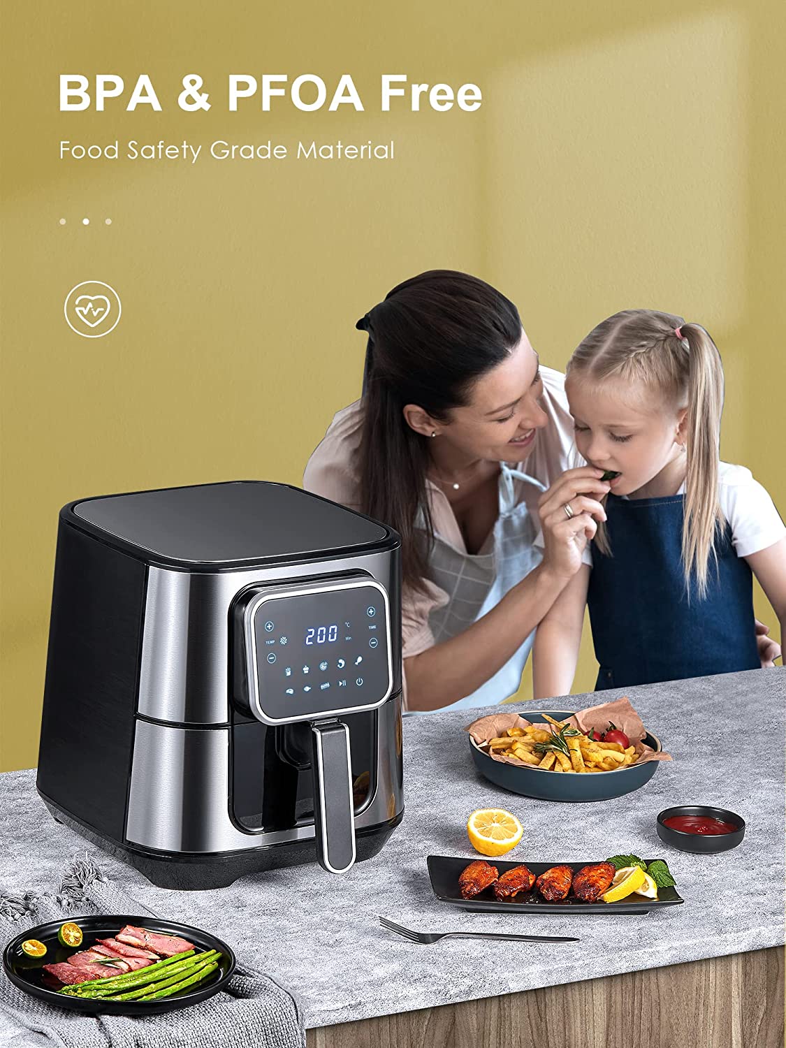 Air Fryer, 5.5 liters XXL Stainless steel, Easy to clean, 8