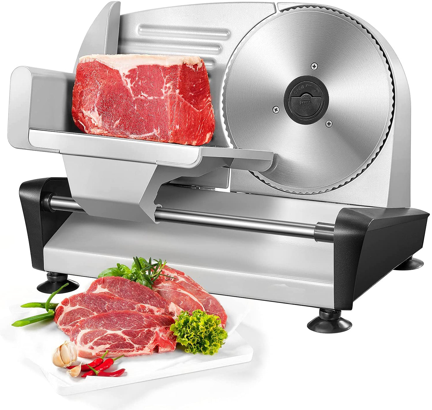 Meat Slicer For Home Use - Electric Deli & Food Slicer with Removable 7.5’’ Stainless Steel Blade and 0-15mm Adjustable Thickness for Meat, Cheese, Bread, Include Food Pusher & Non-Slip Feet