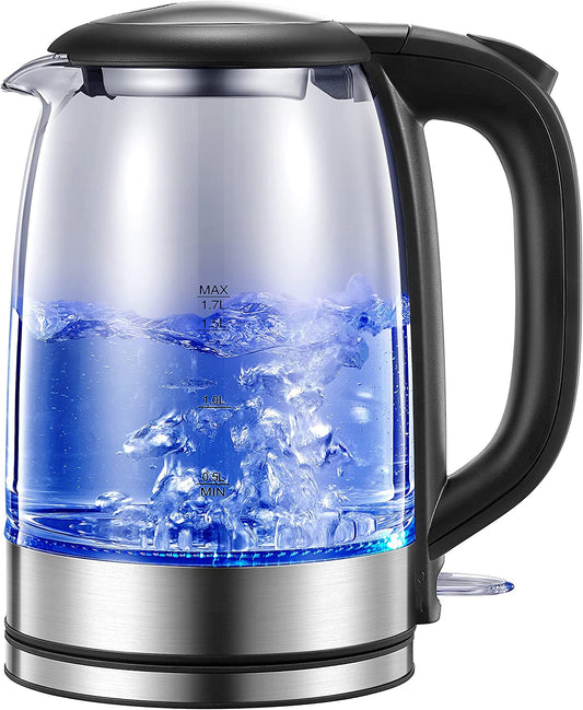 Kettle 1.7L Glass Kettle with LED Indicator Lights, Fast Boil Tea Electric Kettle with Auto Shut-Off & Boil-Dry Protection, Stainless Steel Lid & Bottom, BPA Free