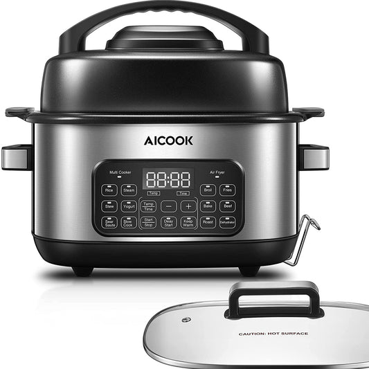 AICOOK | Slow Cooker Air Fryer Combo, 12-in-1 Multicooker 6.5Qt Programmable Indoor Electric Grill