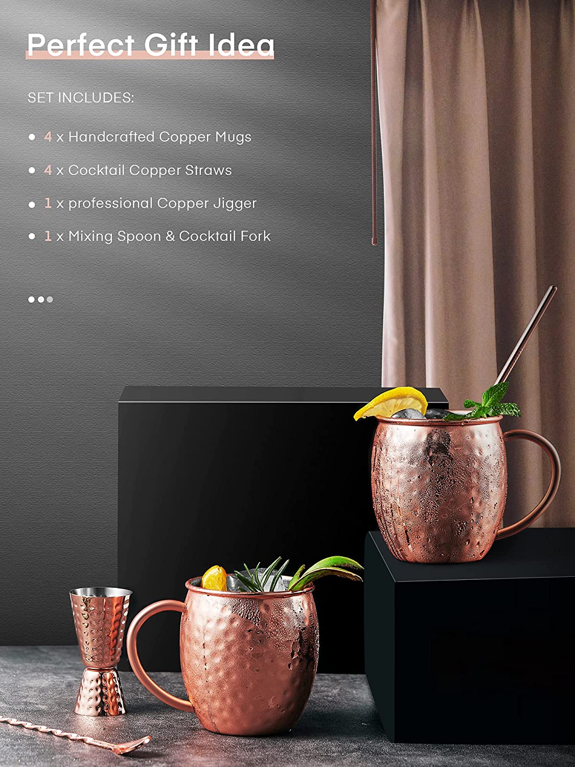 Moscow Mule Mugs, Set of 4 Hammered Moscow Mule Copper Mugs, Food Grade Stainless Steel Lining, 18 oz Gift Set Copper Mugs with 4 Straws, 1 Double-Jigger, 2-in-1 Bar Stirring Spoon Fork