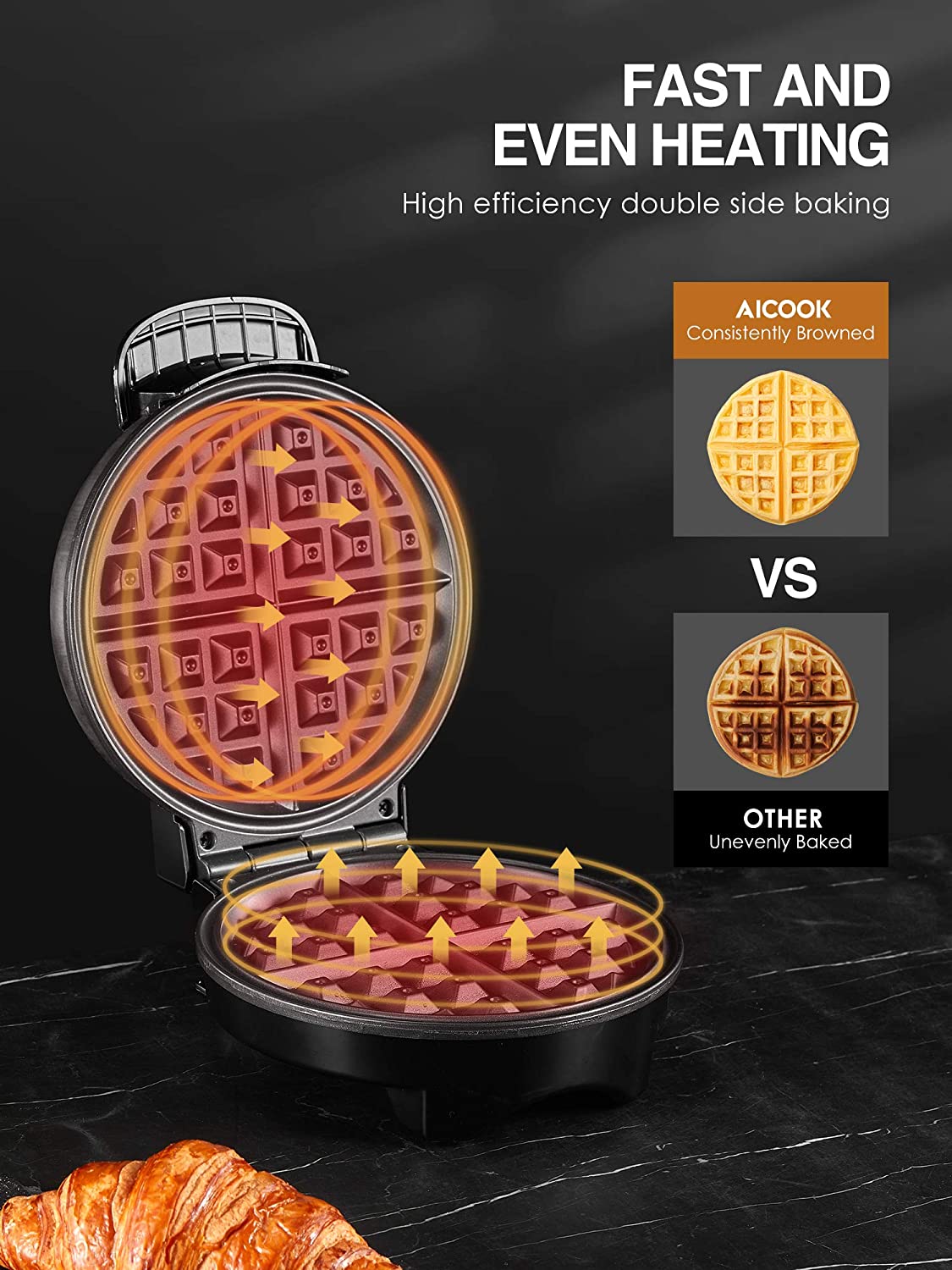 AICOOK | Waffle Maker Iron, Belgian Medium Waffle Iron, Stainless Steel, Adjustable Temperature Dial, Fast and Even Heating