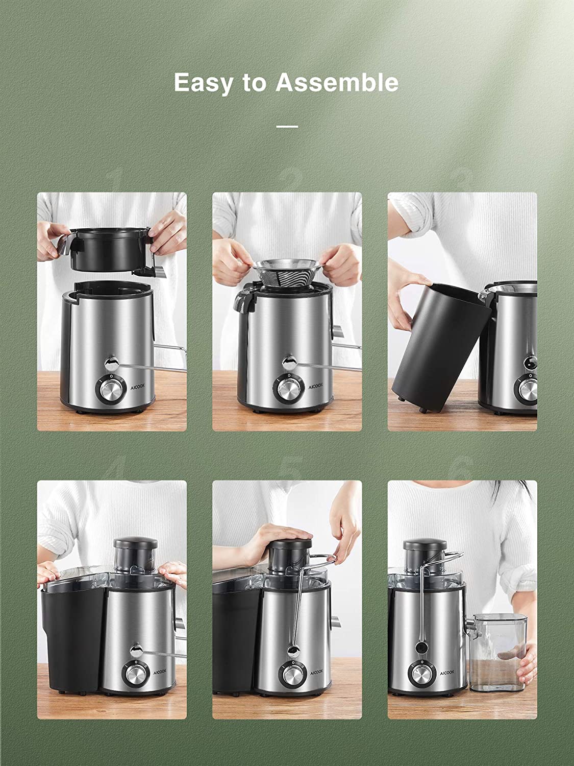 Aicook | Centrifugal Juicer Machine, Juice Extractor, 3''Wide Mouth Juicer with 2 Speeds for Fruits and Vegs, Anti-drip, Stainless Steel & BPA Free, Easy To Assemble