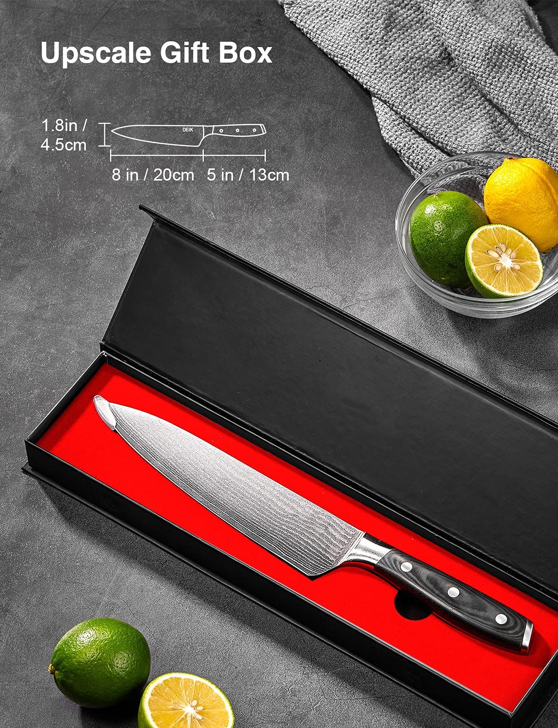 DEIK-Kitchen Knife Damascus Knife, 20 cm Professional Knife Damask Meat Knife, VG10 Stainless Steel Chef's Knife 67 Layers Damascus Steel G10 Handle Elegant Gift Box