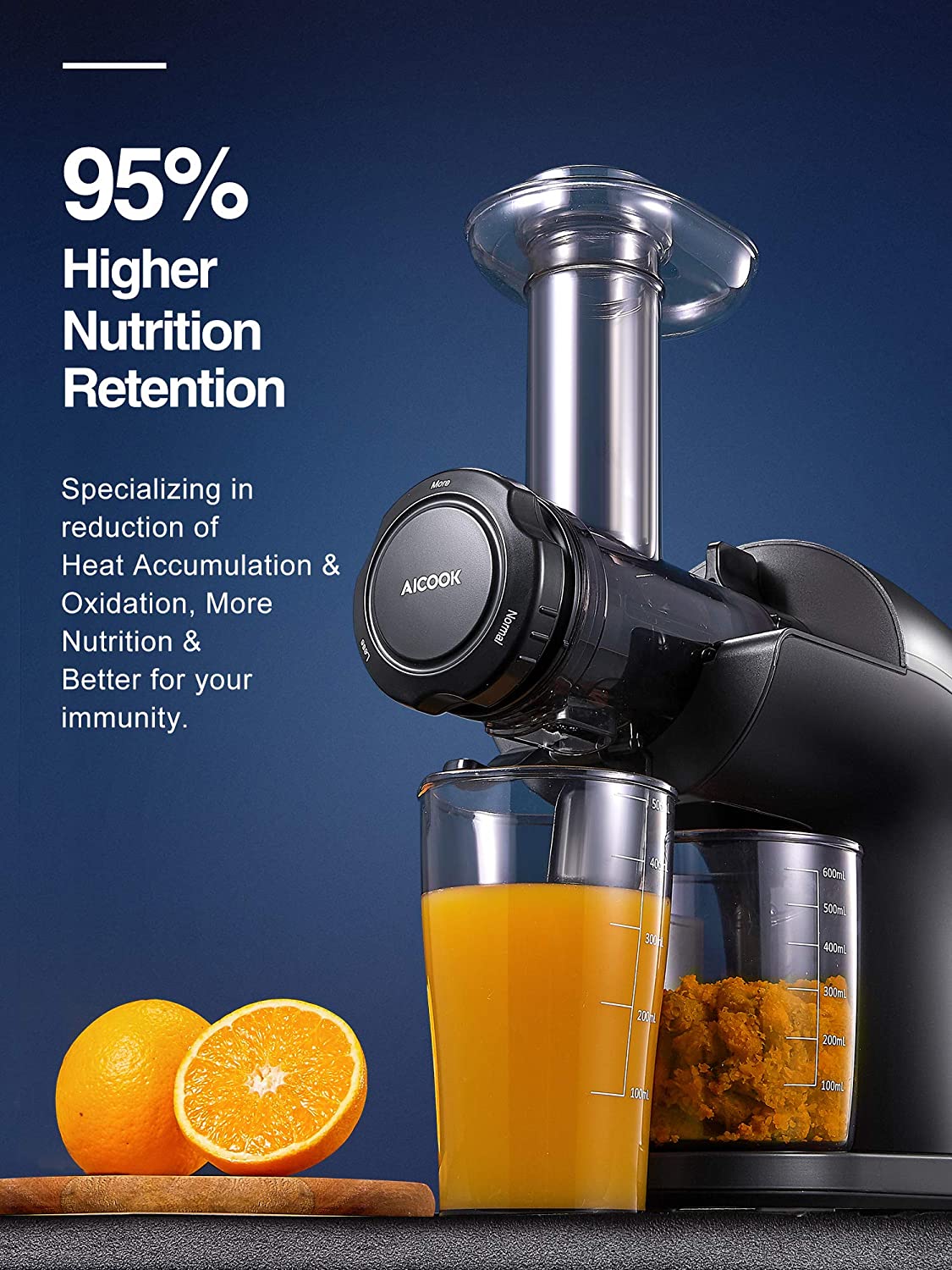 Aicook | High Nutrition Cold Press Juicer, No Filter Design with Less Oxidation, Juice Recipes for Whole Vegetables and Fruits, Multiple Modes for Different Flavors, 95% Higher Nutrition Retention