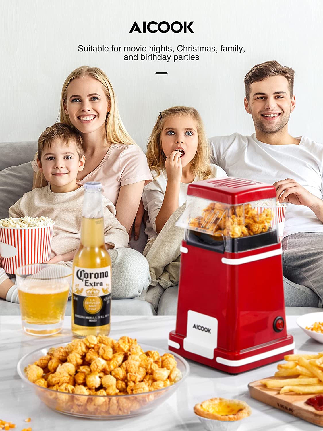AICOOK | Popcorn Maker, Hot Air Retro Popcorn Popper with Measuring Cup, Electric Home 1200W Popcorn Machine for Birthday Party, Christmas, Movie Nights, ETL Certified & BPA Free, Nice Family Gift