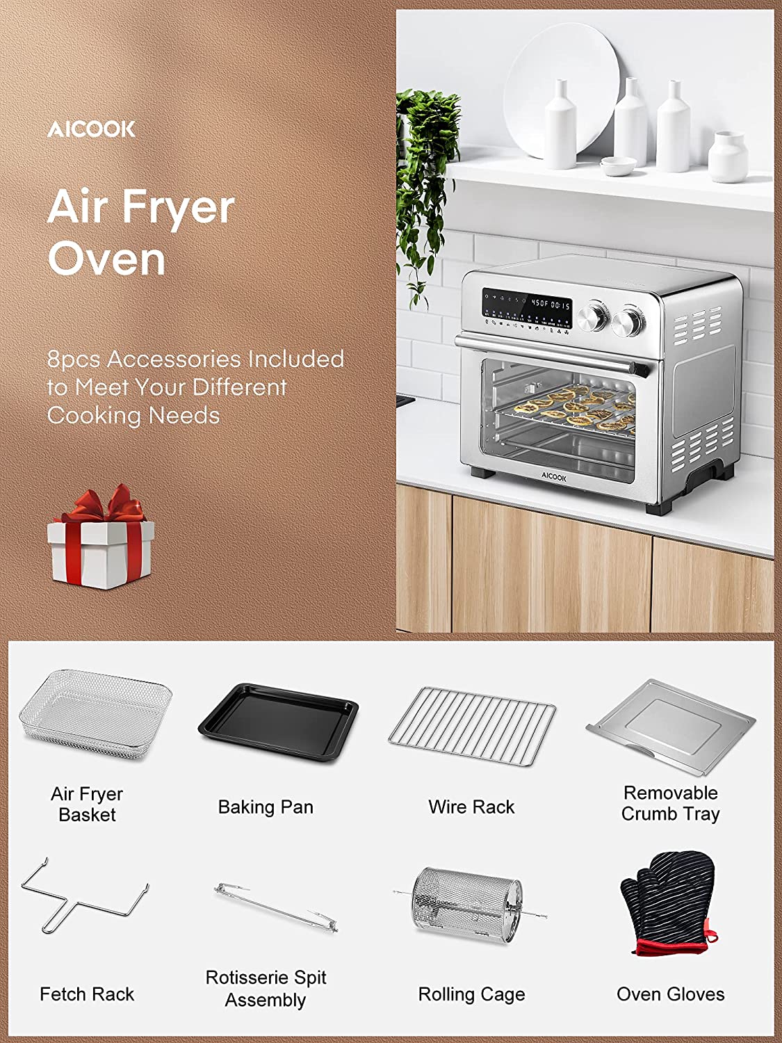 AICOOK Air Fryer Oven 24 QT, 12-in-1 Air Fryer 1700W Digital Large Convection Oven with Rotisserie and Dehydrator for Chicken, French Fries and Pizza, Air fryer Toaster Oven Include 8 Accessories, Good Gift
