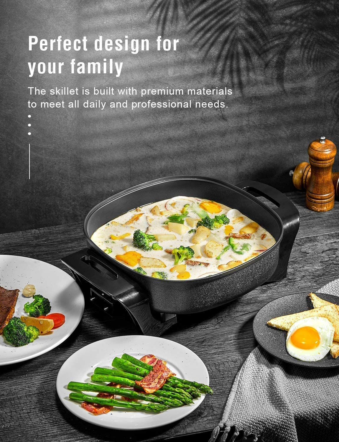 DECEN | Electric Skillet Non Stick Electric Frying Pan with Standing Tempered Glass Lid, Family Sized 6 Quart, 3 Inch depth, Heat Resistant Handles, 1360W, 12” x 12” x 3”