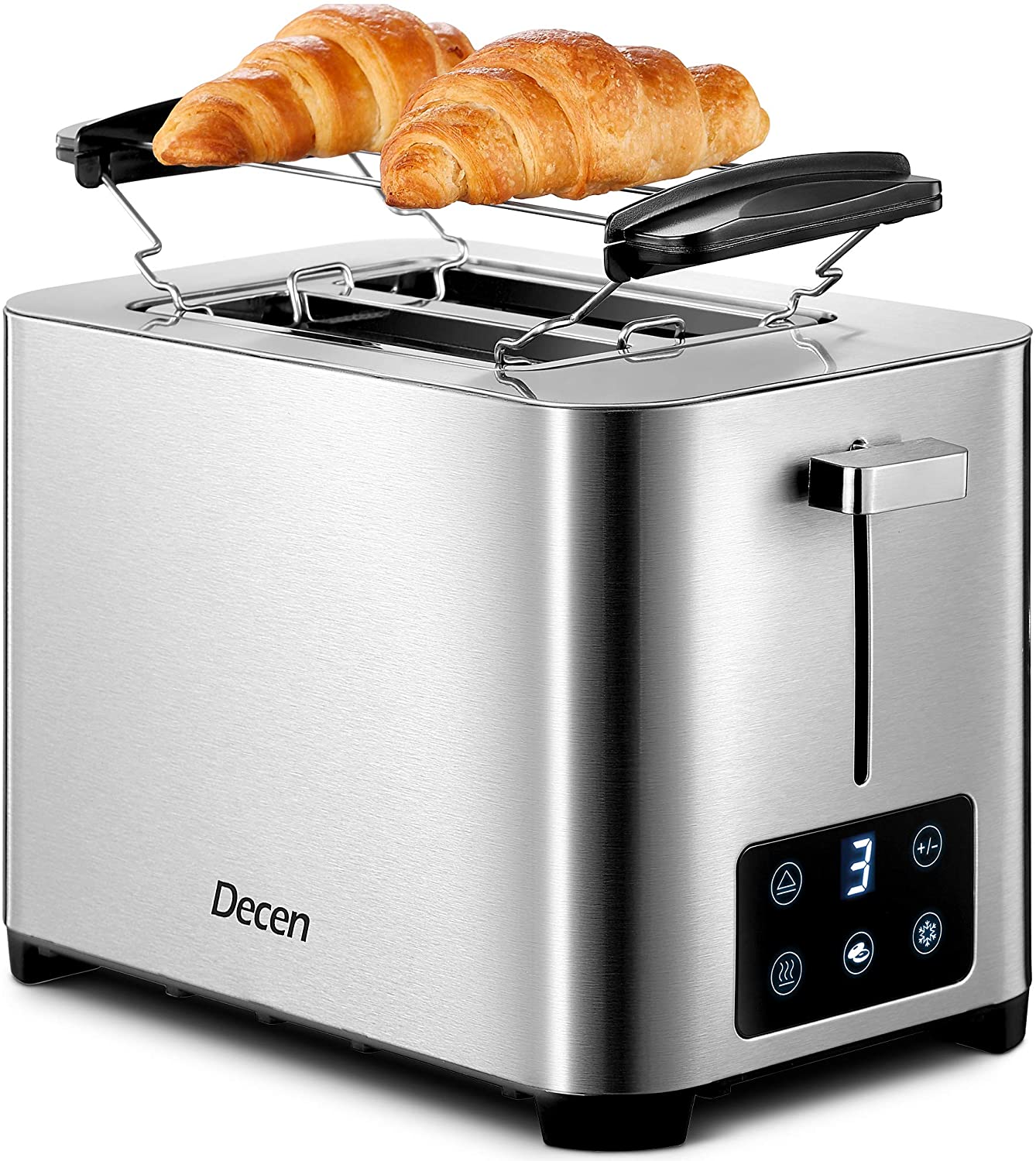 Toaster 2 Slice, DECEN Stainless Steel Toaster with Touch LCD Display (6 Toasting Settings), 2 Extra-Wide Slots, Bagel, Cancel, Defrost, and Reheat Function, Slide Out Crumb Tray, Silver