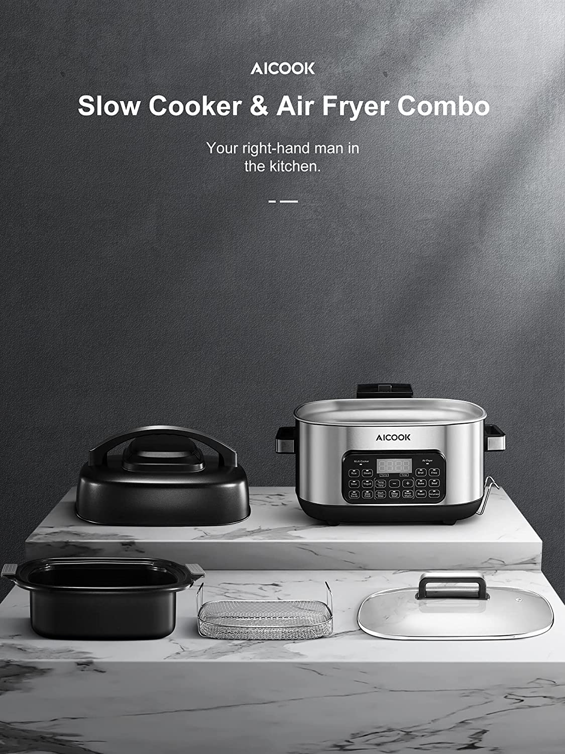 Aicook SH-MC522 Slow Cooker, 10 in 1 Programmable Cooker, 6qt Stainless Steel