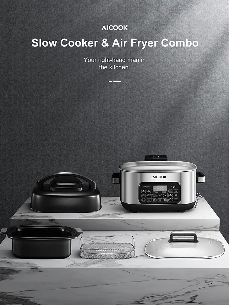 AICOOK | Slow Cooker Air Fryer Combo, 12-in-1 Multicooker 6.5Qt Programmable Indoor Electric Grill