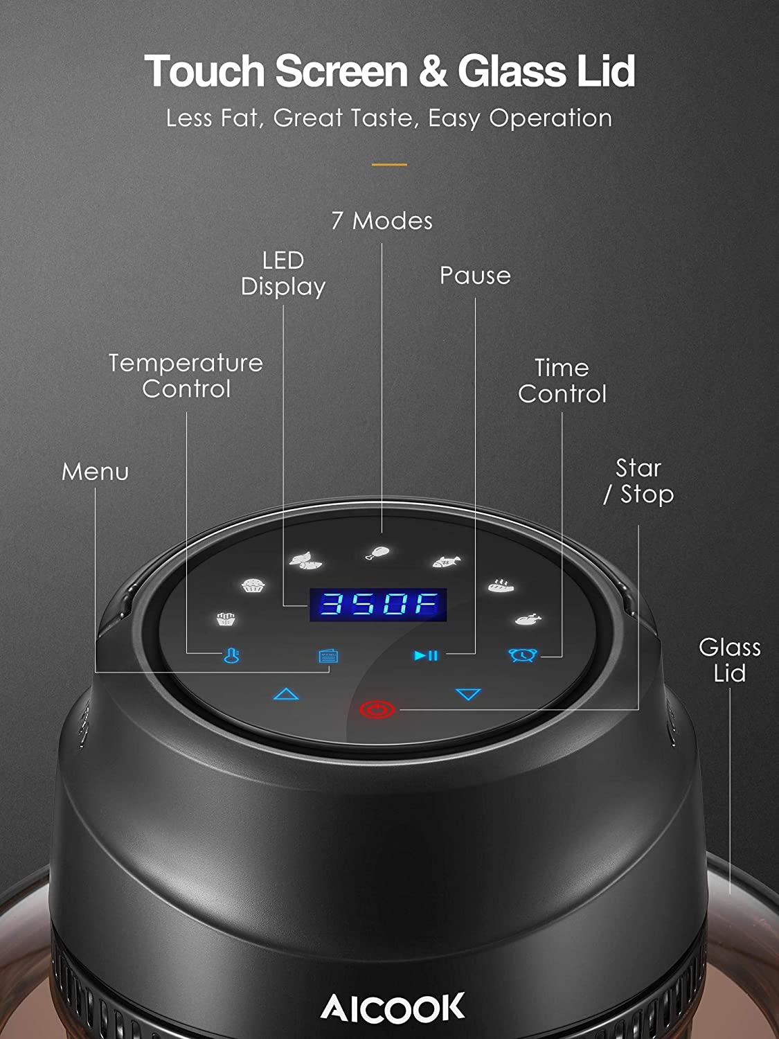 AICOOK | Instant Pot Air Fryer Lid, 7 in 1 Turn Pressure Cooker Into Air Fryer, LED Touchscreen, Accessories and Recipe Included, Touch Screen, Glass Lid