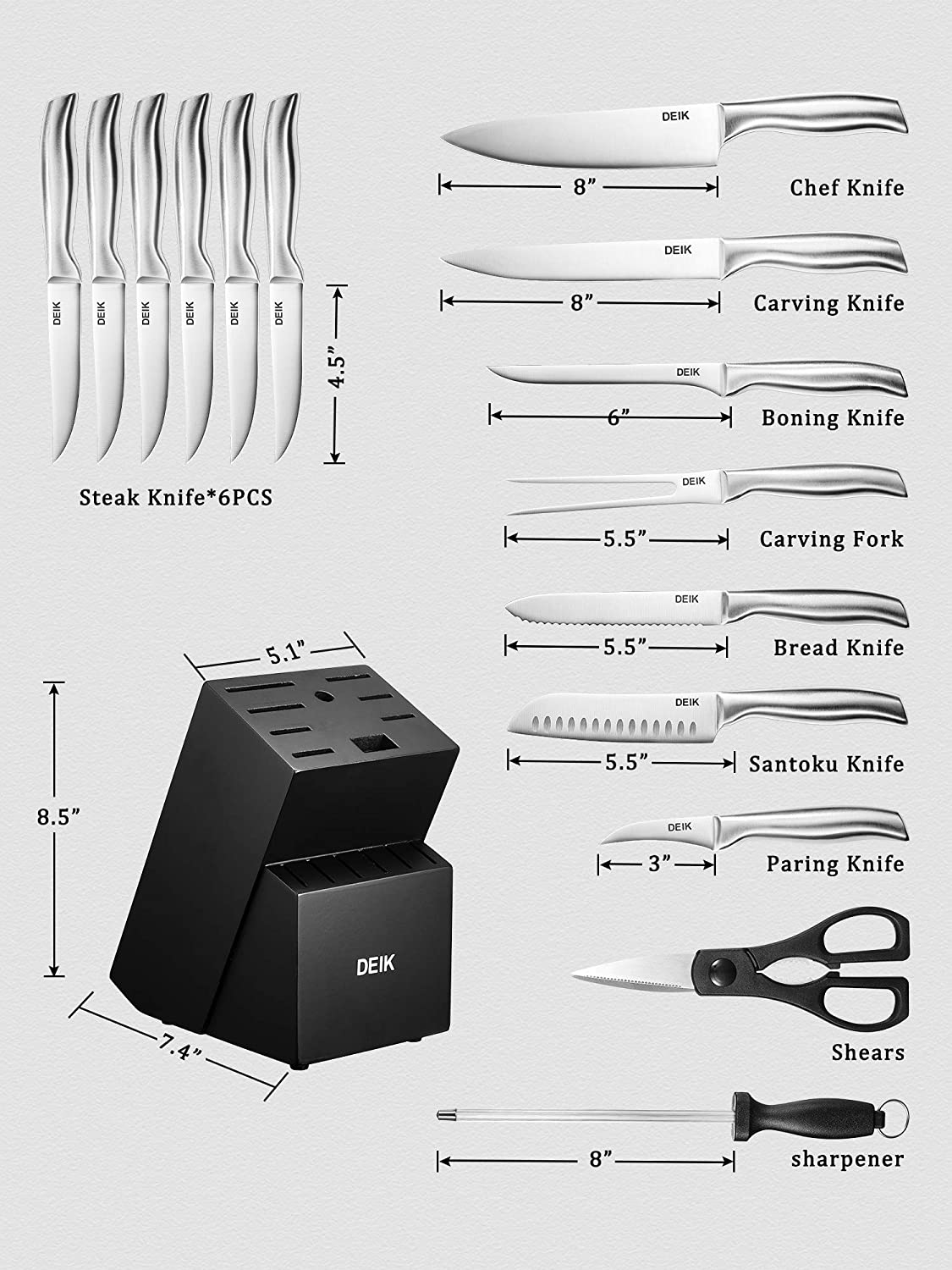 Deik Knife Set, 16-Piece Kitchen Knife Set with Wood Block, Manual Sharpening for Chef Knife Set, Stainless Steel Hollow Handle Block Set, Knife Tools