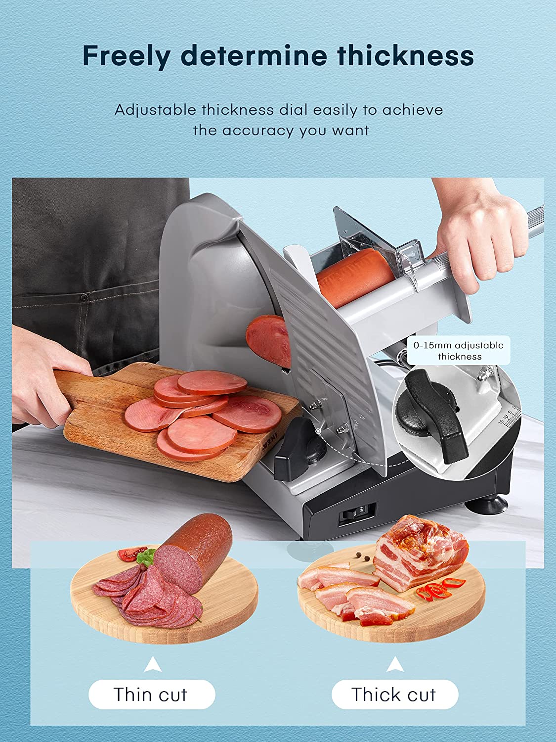 Meat Slicer For Home Use - Electric Deli & Food Slicer with Removable 7.5’’ Stainless Steel Blade and 0-15mm Adjustable Thickness for Meat, Cheese, Bread, Include Food Pusher & Non-Slip Feet