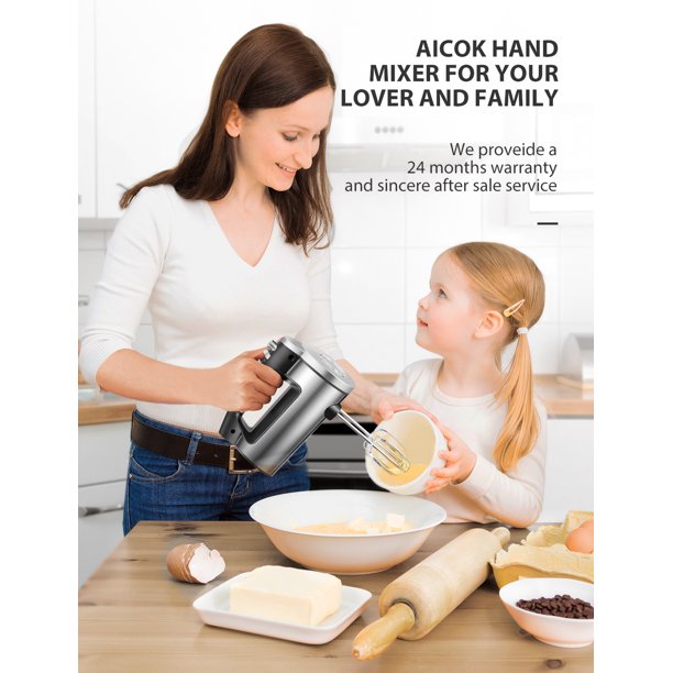 AICOK 6 Speed Hand Mixer with Turbo Boost, Kitchen Hand Held Mixer Immersion Blender for Food Whipping, Includes 3 Attachments, Silver