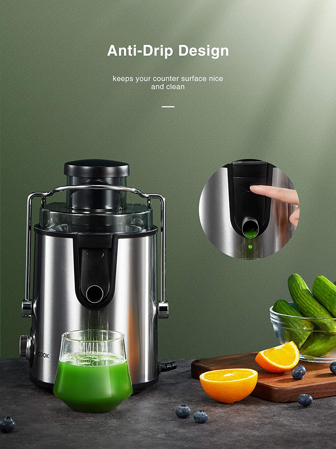 Aicook | Centrifugal Juicer Machine, Juice Extractor, 3''Wide Mouth Juicer with 2 Speeds for Fruits and Vegs, Anti-drip, Stainless Steel & BPA Free